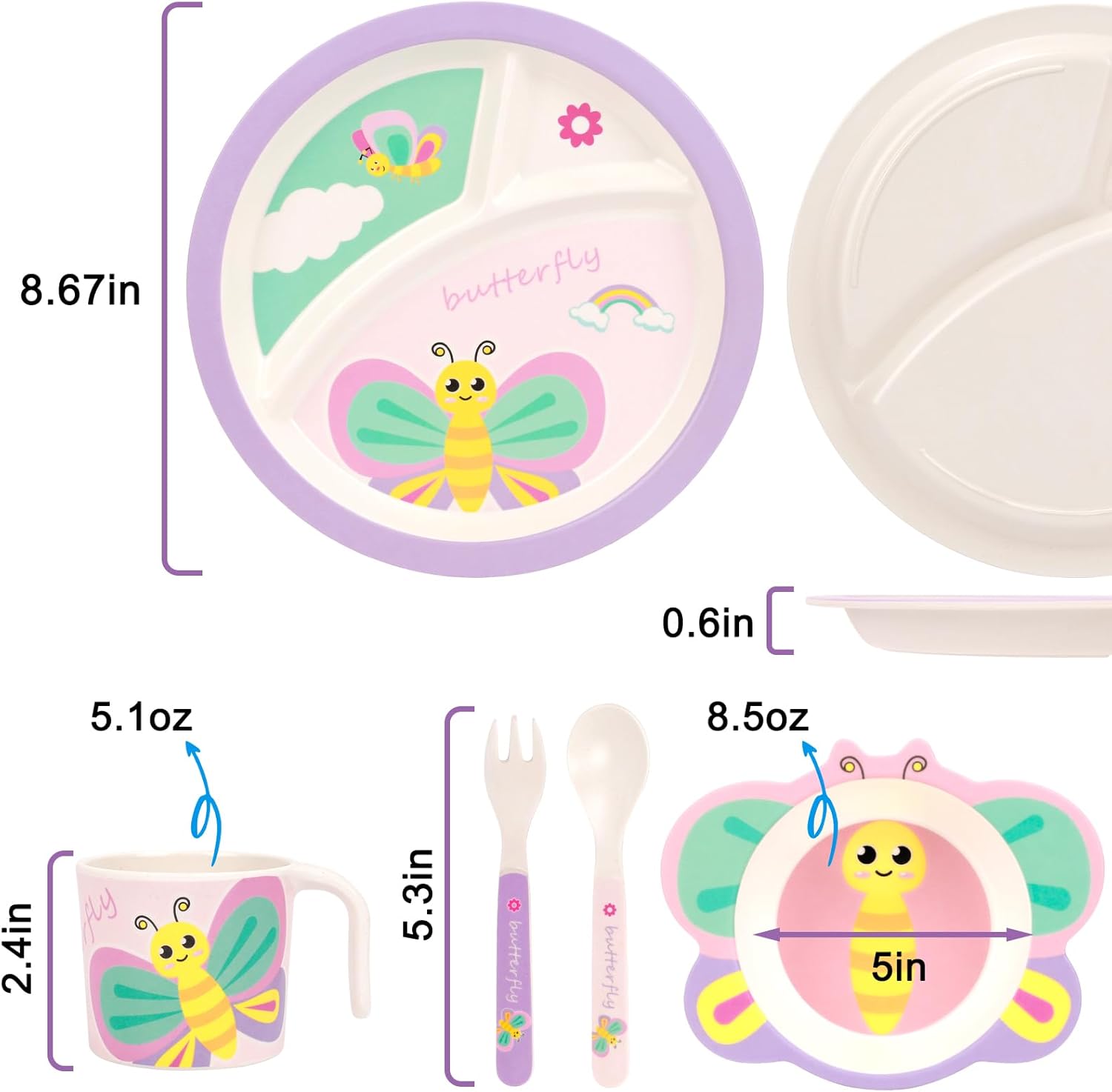 Butterfly Kids Dinnerware Set 5 Pieces Non-BPA Bamboo Fiber
