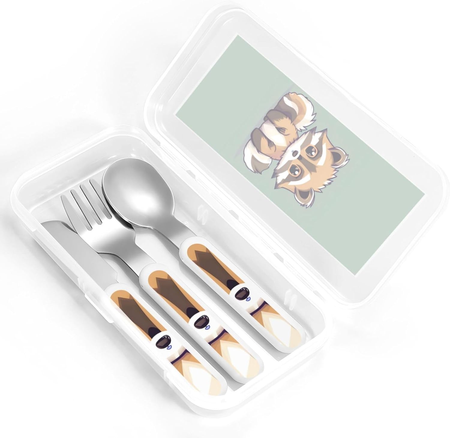 Cartoon Raccoon Print Stainless Steel Utensils Set with Travel Case