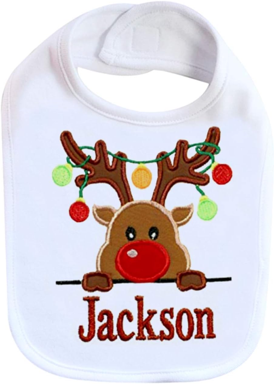 Christmas Baby Bib with Reindeer and Custom Name 1