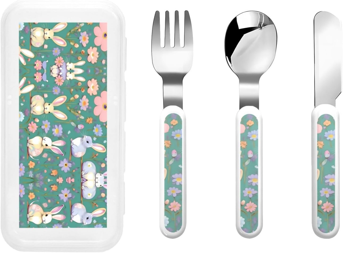 Flowers Bunnies Birds Print Stainless Steel Cutlery Set with Travel Case