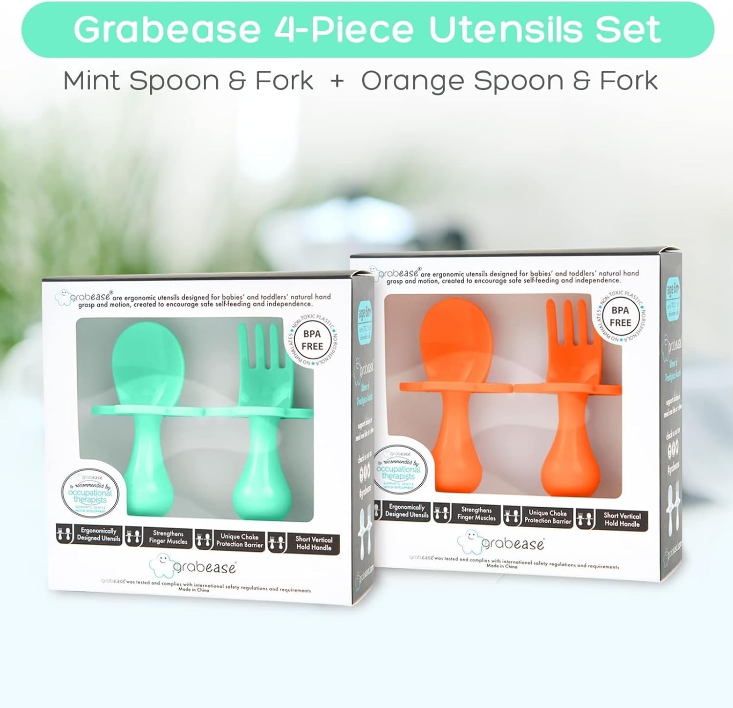 Grabease Baby Spoons Forks 2 Sets BPA-Free Mint Orange