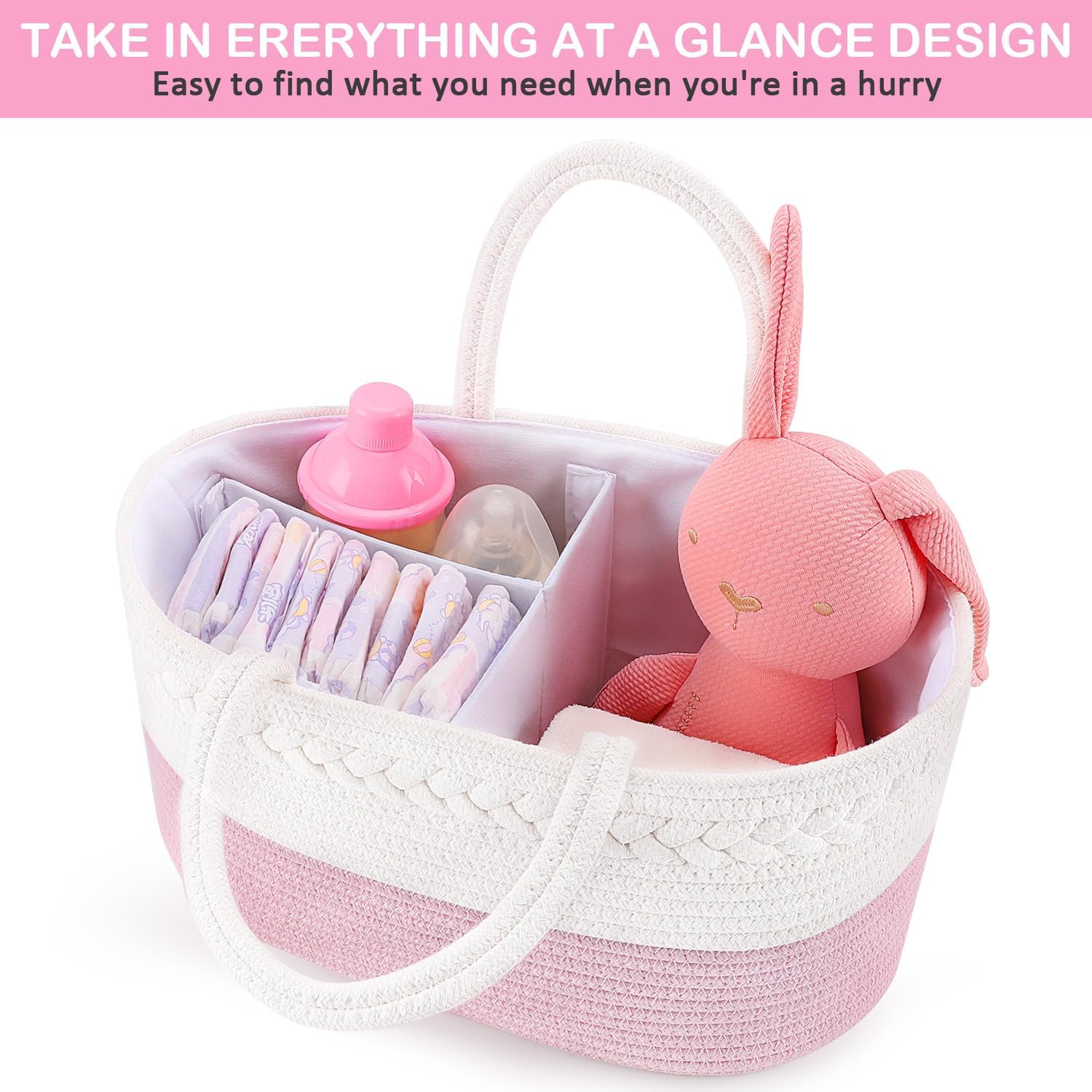 ABenkle Diaper Caddy Organizer - Pink Cotton Rope Basket for Baby Supplies