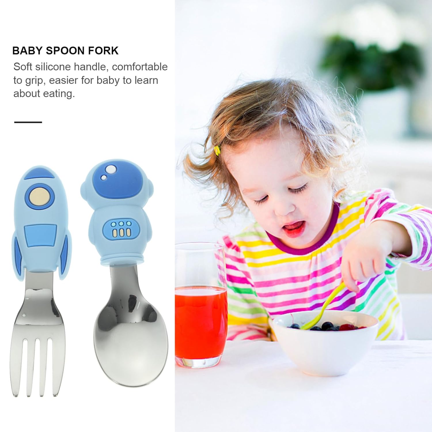 2PCS Silicone Handle Stainless Steel Utensil Set for Baby