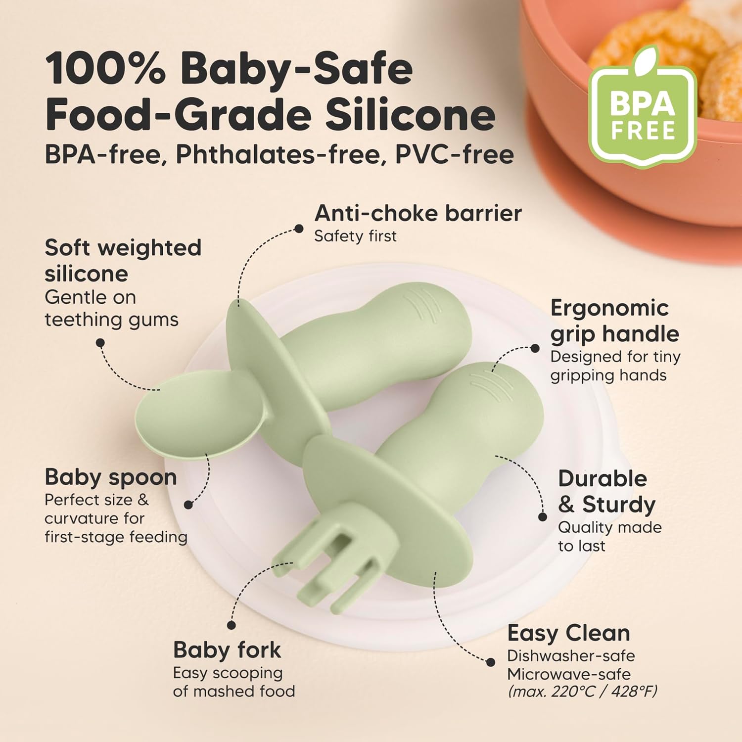 KeaBabies 4-Pack Silicone Spoons and Forks with 2-Pack Suction Bowls