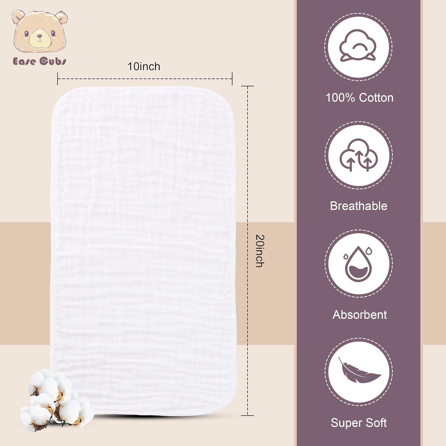 Ease Cubs Muslin Burp Cloths 12-Pack 20x10