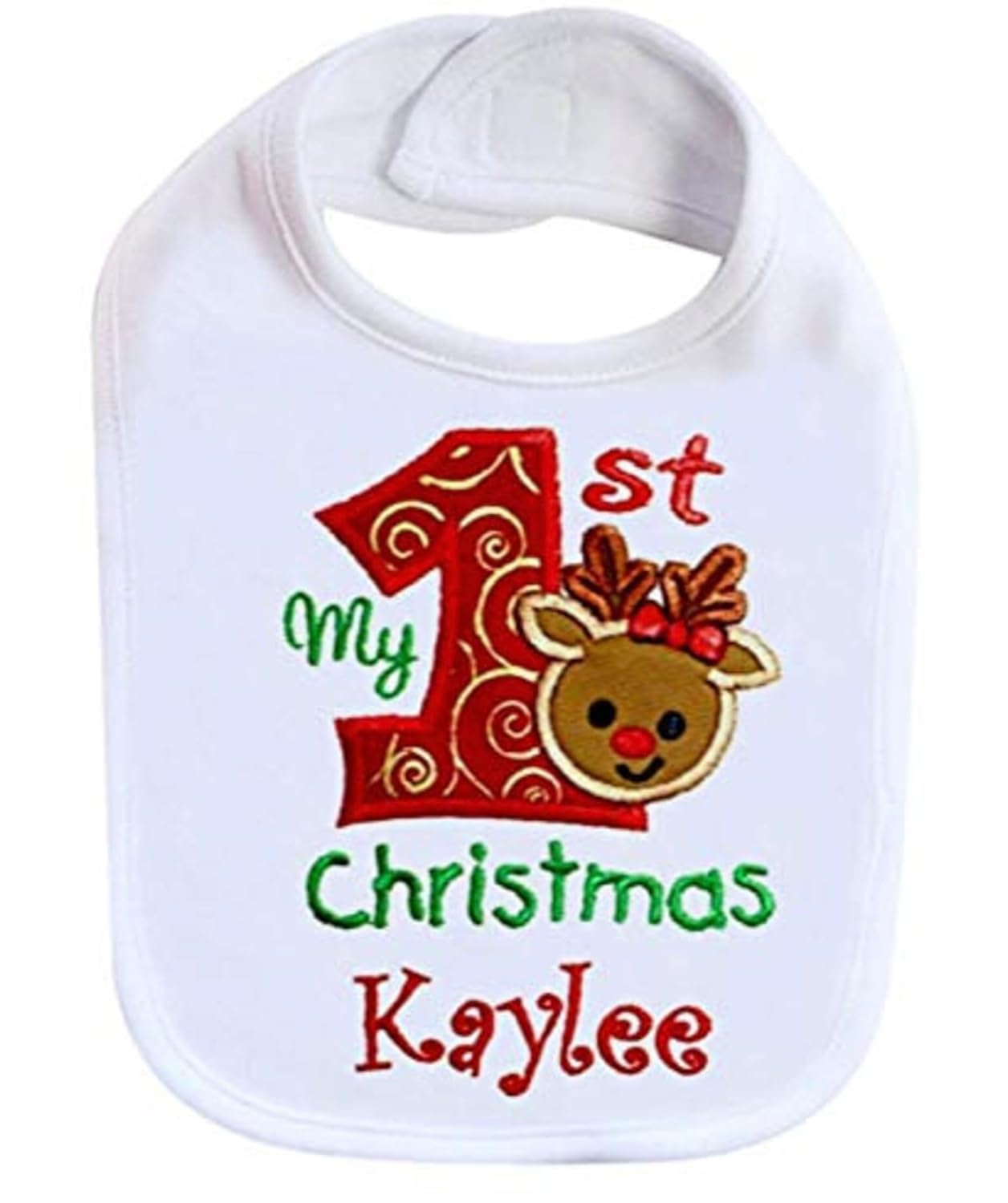 Handmade First Christmas Baby Bib with Reindeer Design and Custom Name