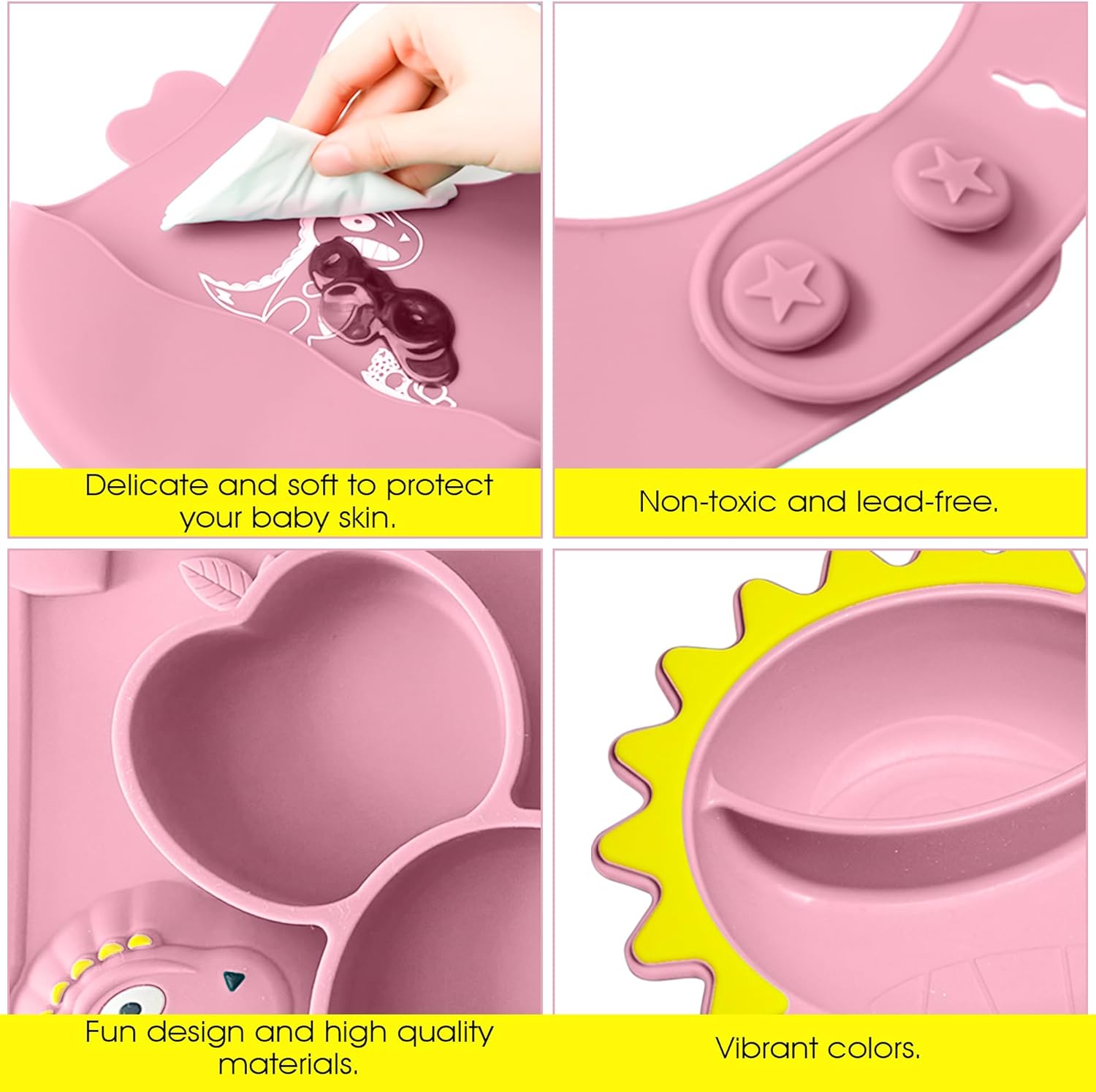 Dinosaur Silicone Baby Feeding Set - Princess Pink