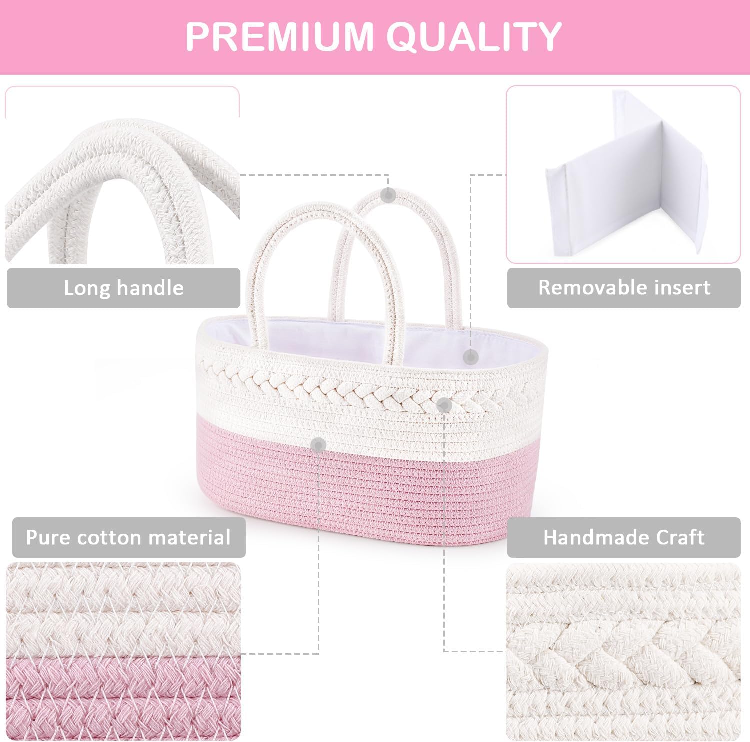 ABenkle Diaper Caddy Organizer - Pink Cotton Rope Basket for Baby Supplies