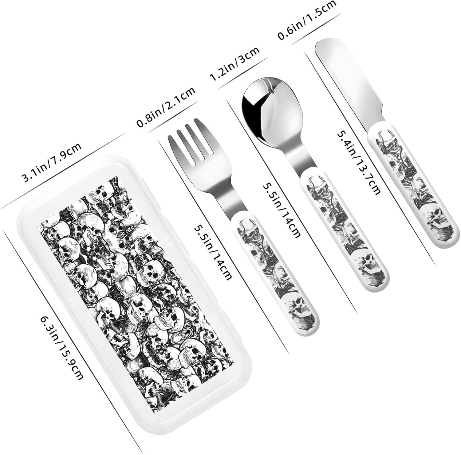 Black and White Skulls Print Stainless Steel Flatware Set with Travel Case