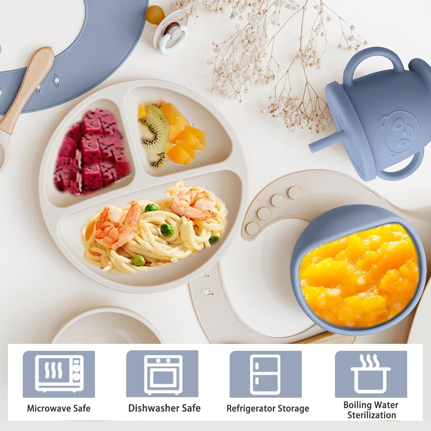 Munlinder Silicone Baby Feeding Set Blue Gray 1