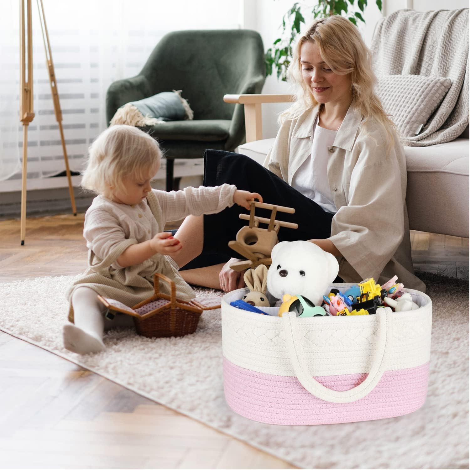 ABenkle Diaper Caddy Organizer - Pink Cotton Rope Basket for Baby Supplies