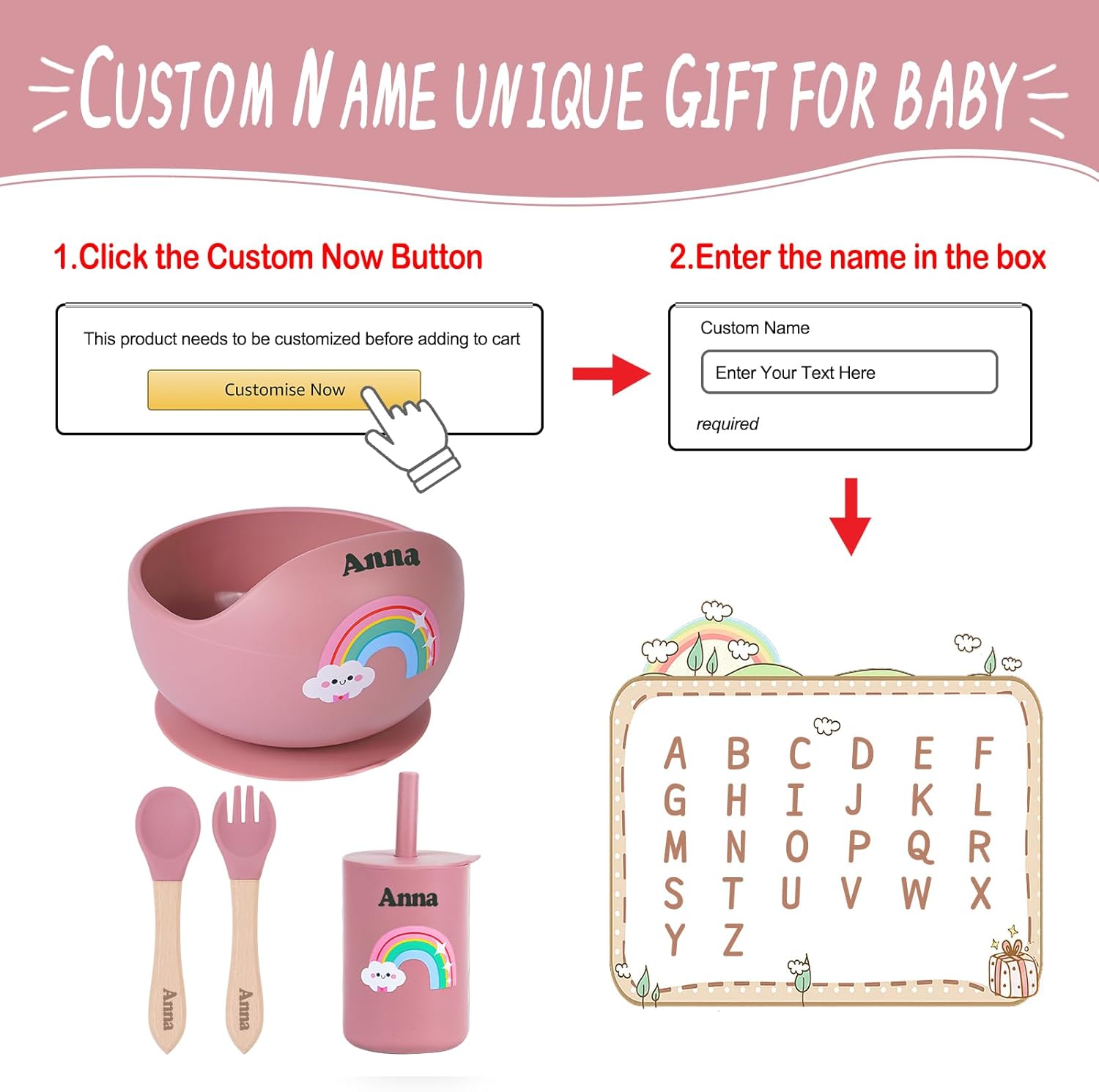 TYRYHU Personalized Silicone Baby Feeding Set with Name