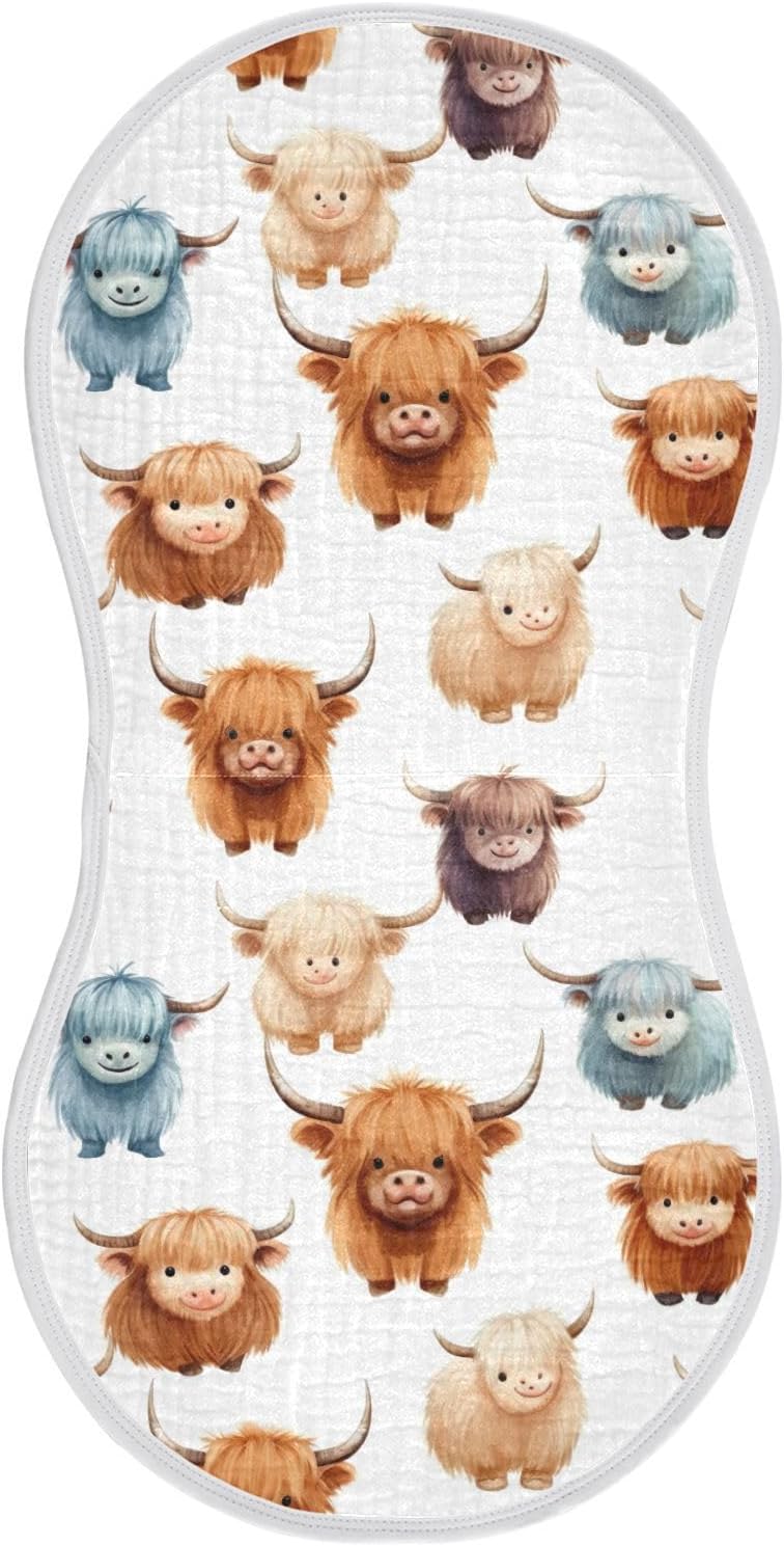 2Pcs Highland Cow Pattern Burp Cloths for Newborns