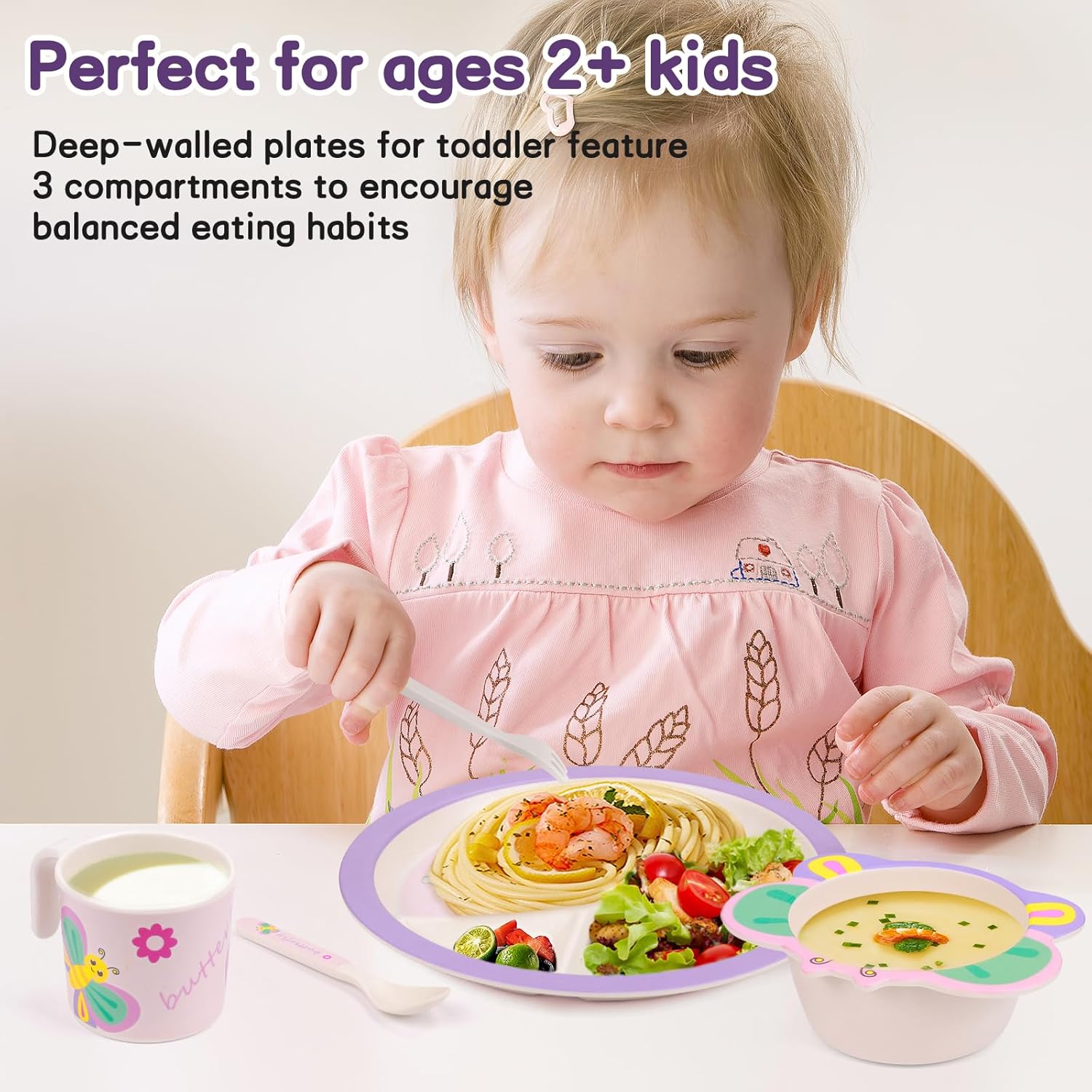 Butterfly Kids Dinnerware Set 5 Pieces Non-BPA Bamboo Fiber