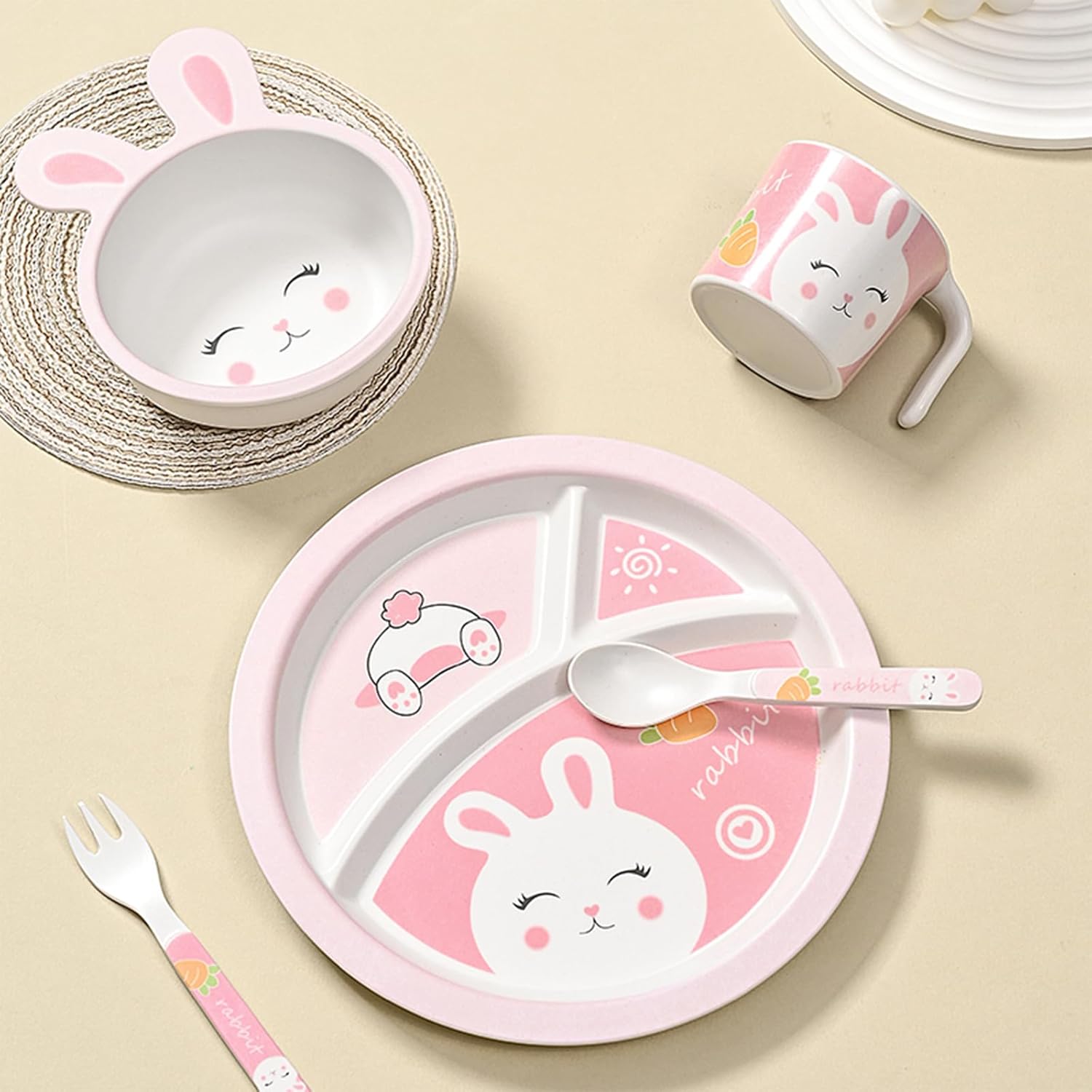 PHEENOWL Rabbit Toddler Plate Set 5 Pieces 1