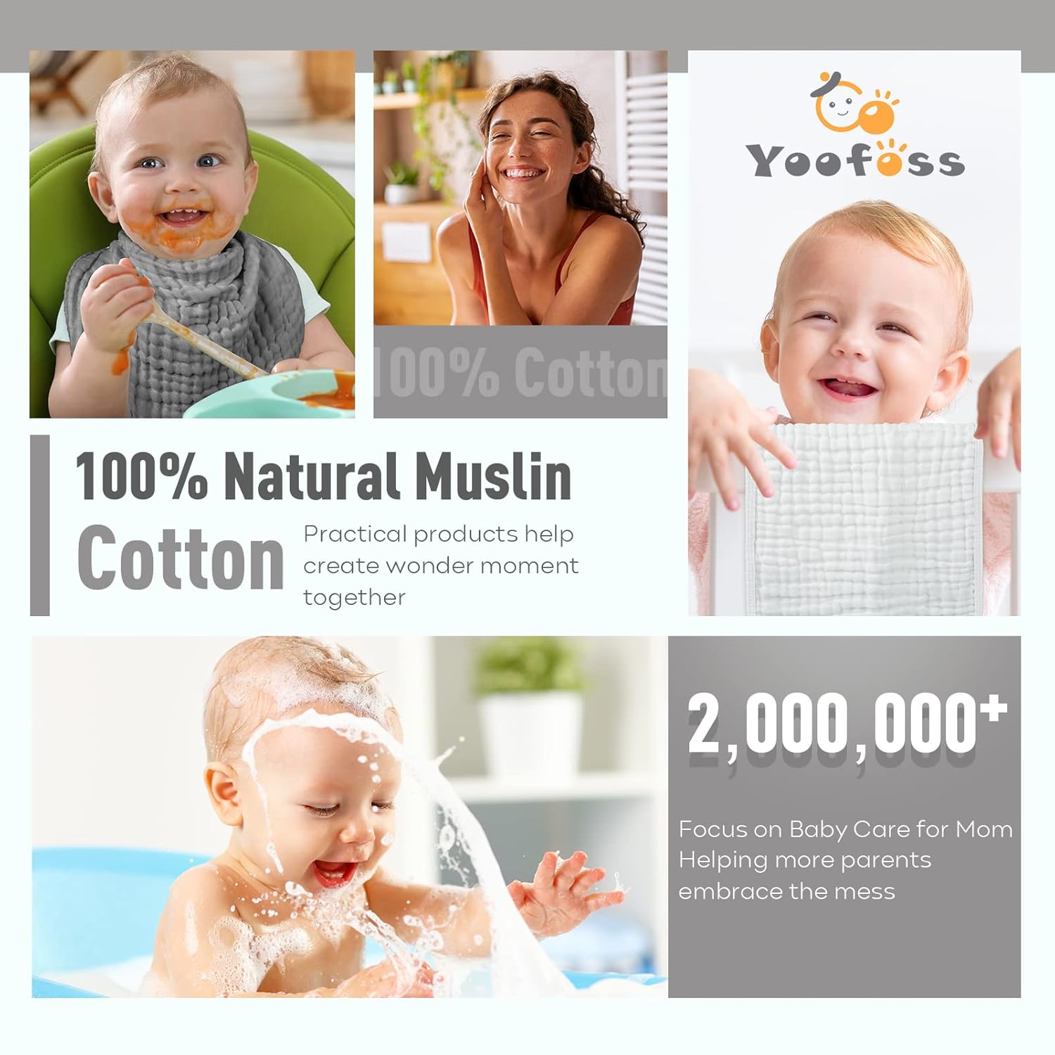 Yoofoss Muslin Burp Cloths 10 Pack Gradient Grey