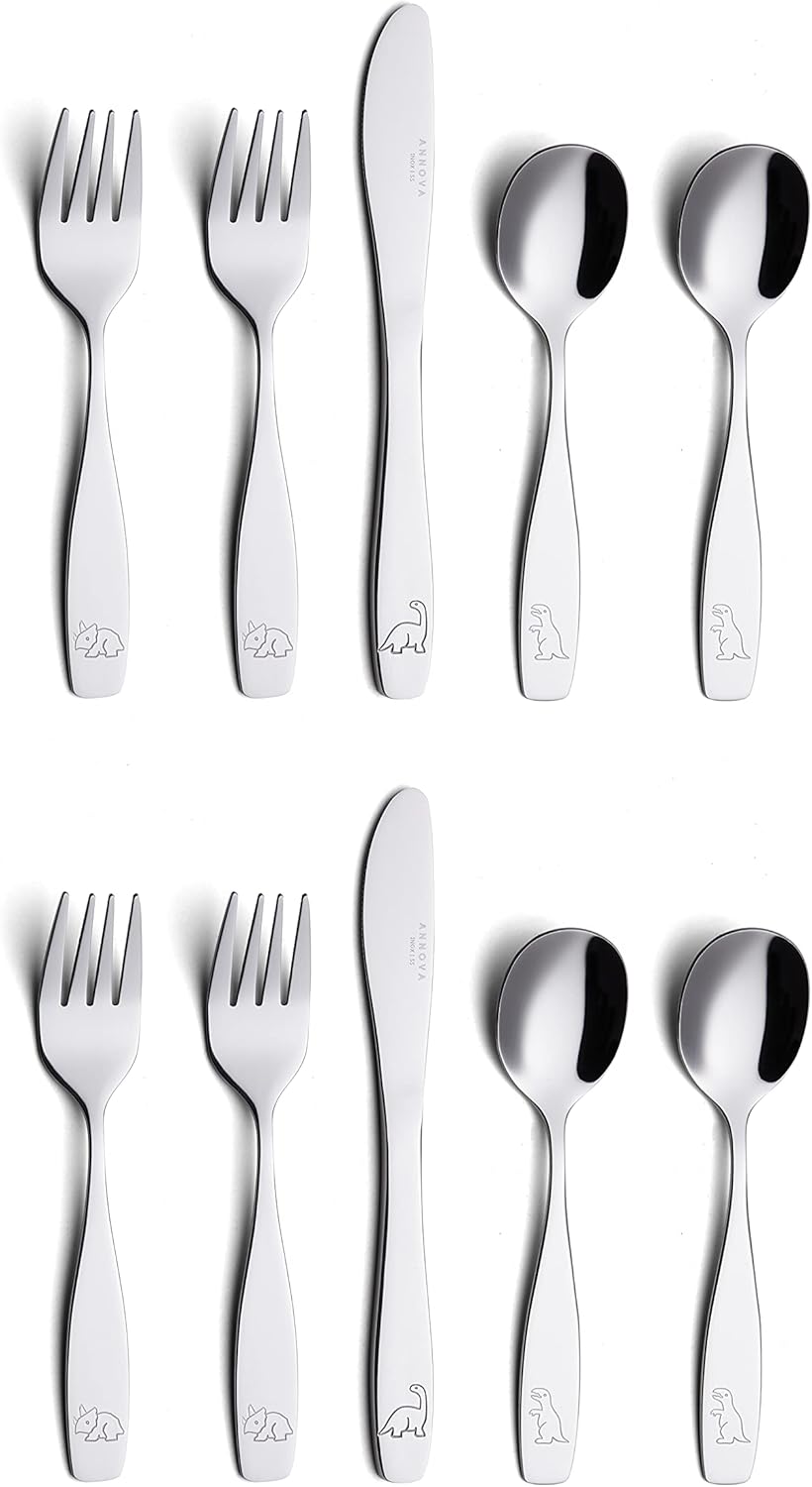 ANNOVA Kids Flatware Set - 10 Piece Dino Themed Stainless Steel