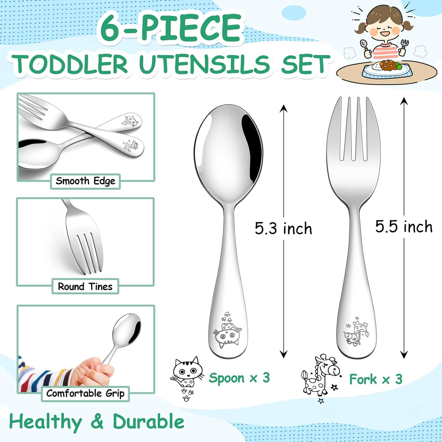E-far 6-Piece Toddler Stainless Steel Utensils Set