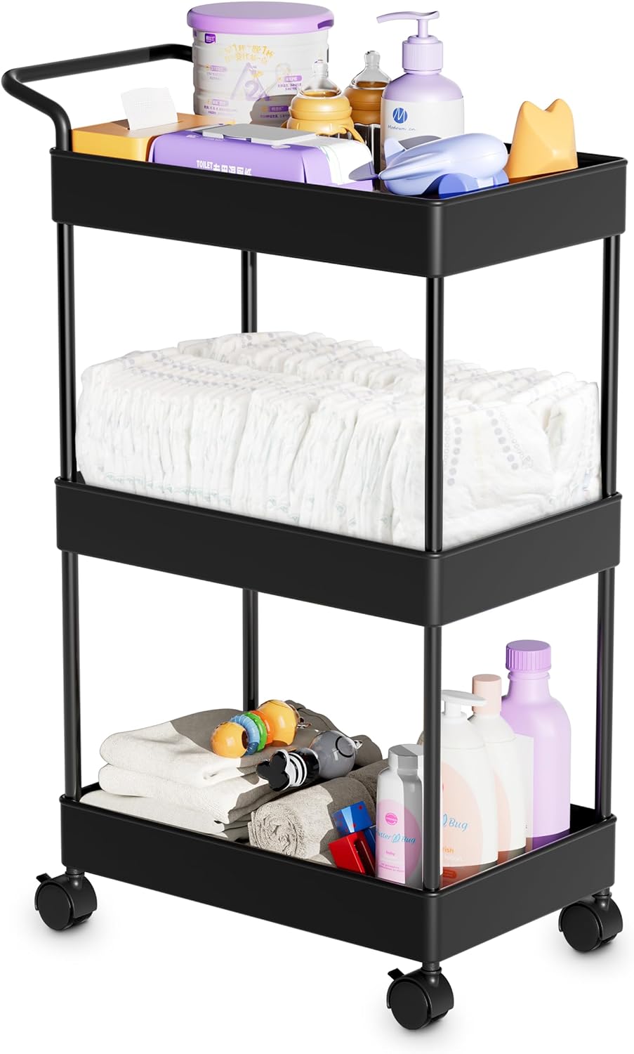 Volnamal Baby Diaper Caddy - Black Movable Cart for Nursery Essentials
