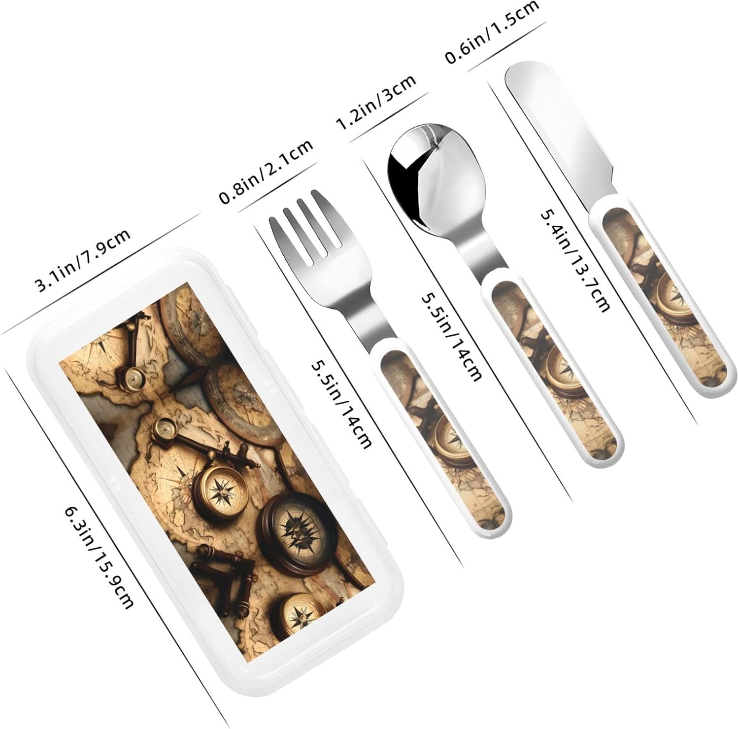 Compass Map Print Stainless Steel Utensils Set with Travel Case