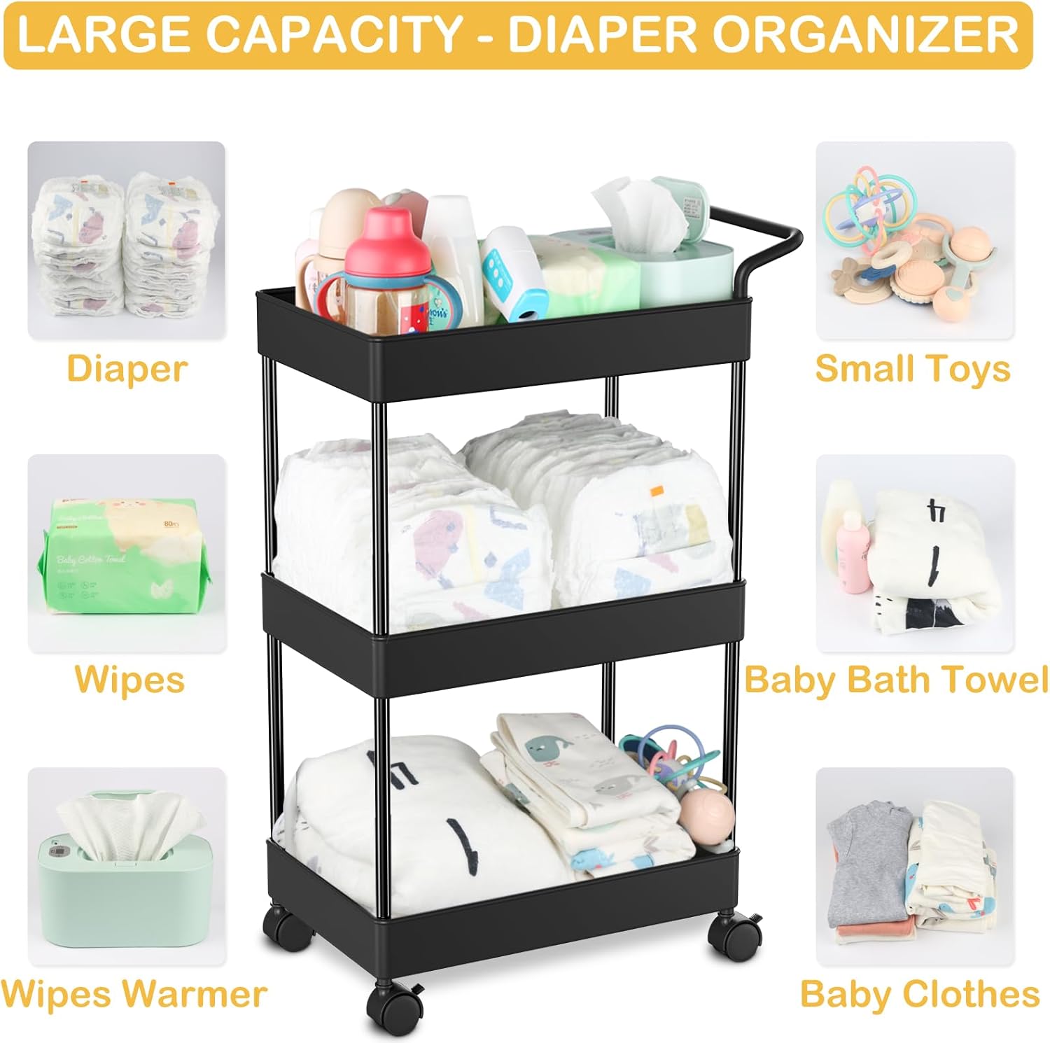 Volnamal Baby Diaper Caddy - Black Movable Cart for Nursery Essentials