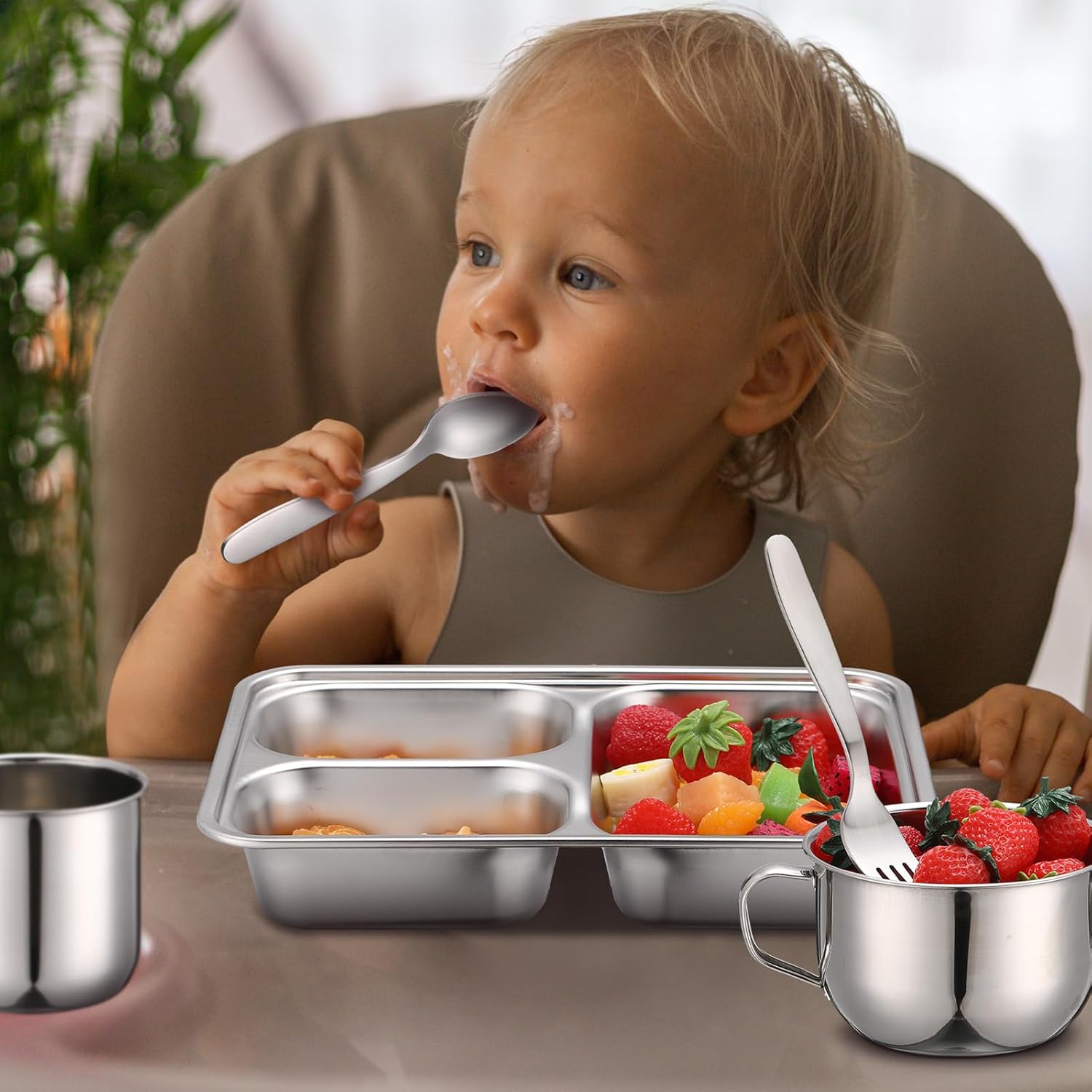 Tioncy 15 Pcs Stainless Steel Kids Dinnerware Set