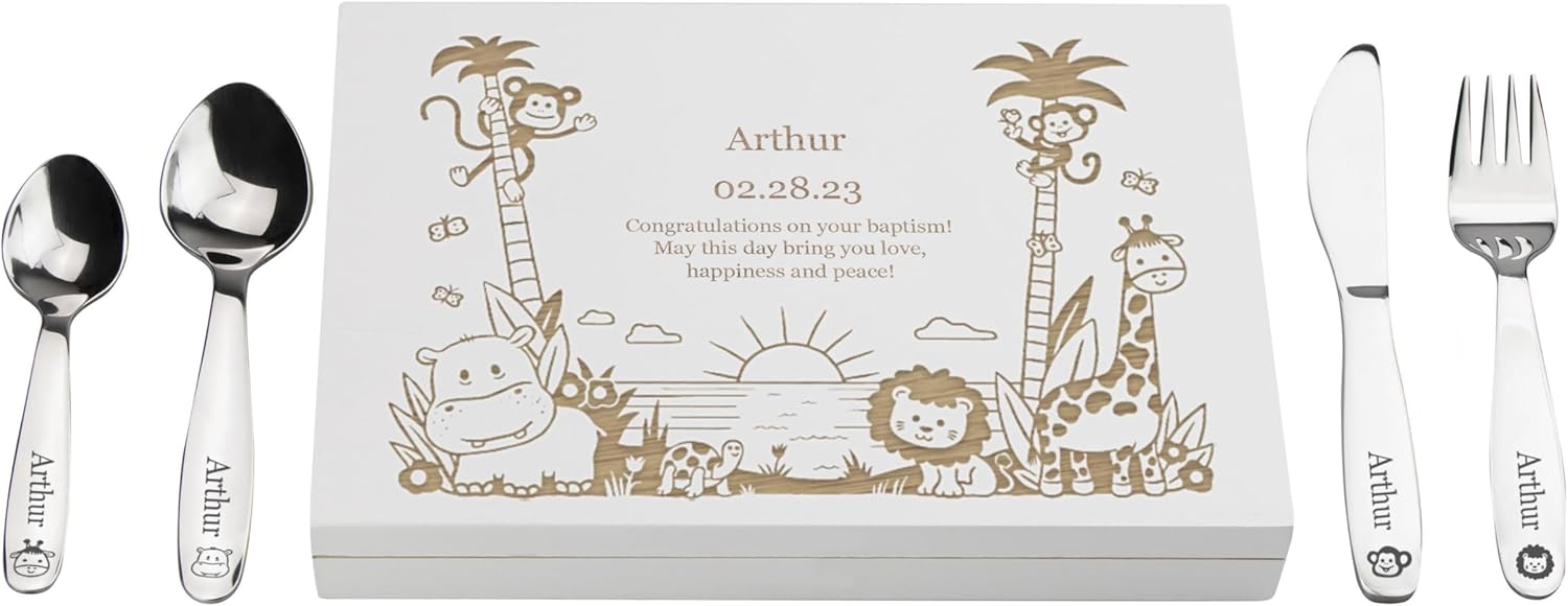 LAUBLUST Personalized Flatware Set - Jungle 4pcs with Name Engraving