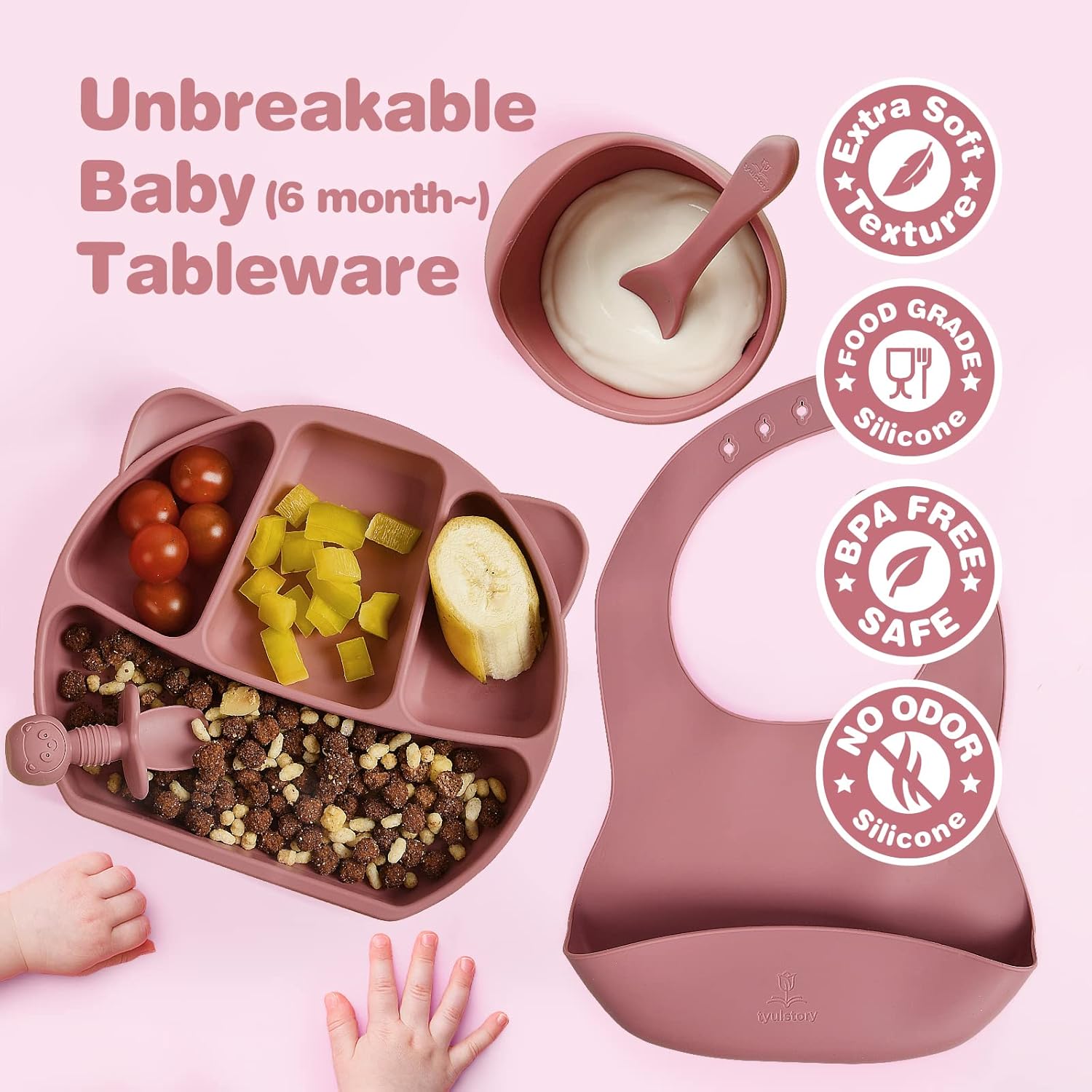 Tyulstory Pink Baby Feeding Set with Bib and Utensils 1