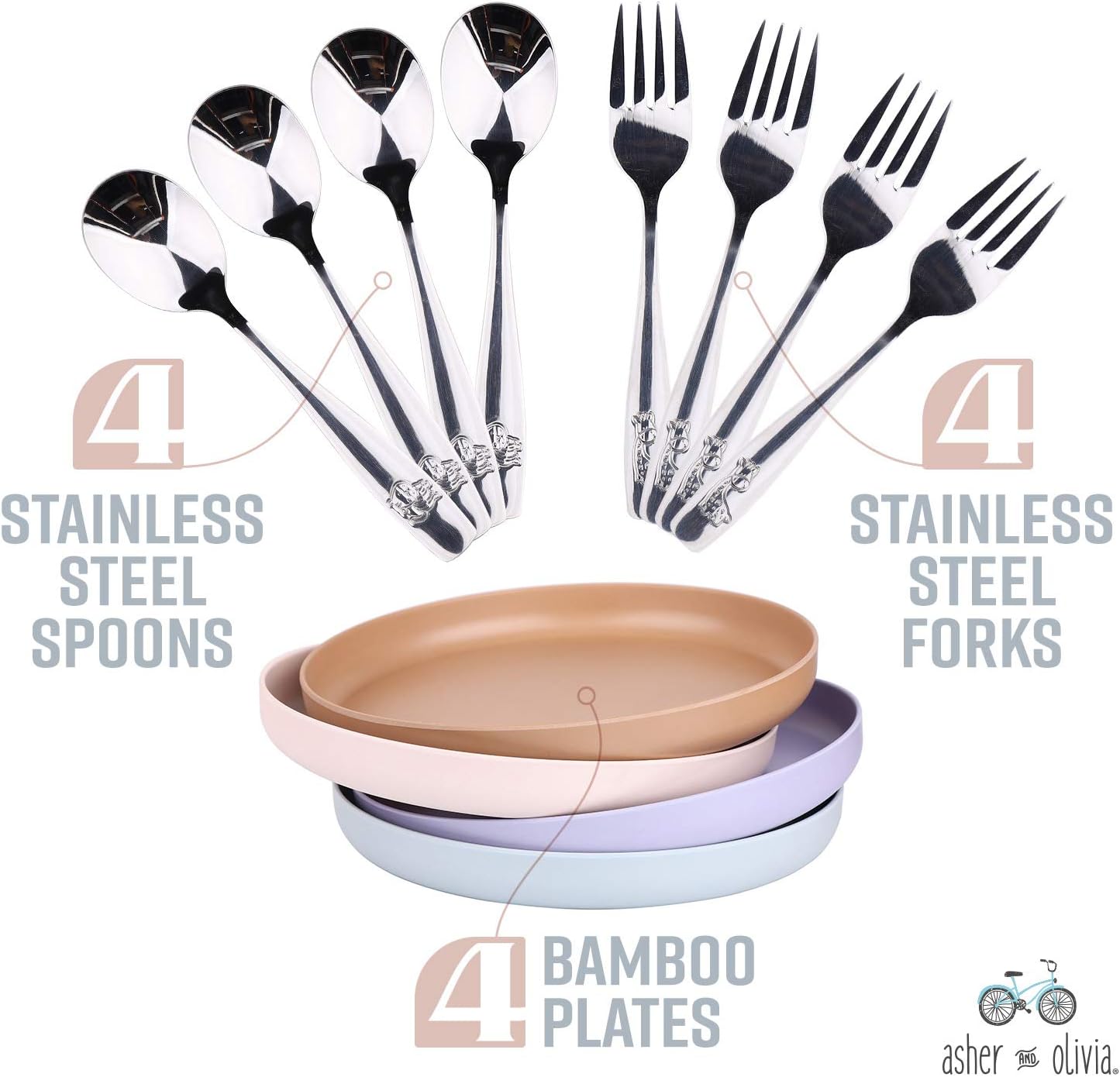 Asher Olivia 12-Piece Bamboo Toddler Plates Utensils Set