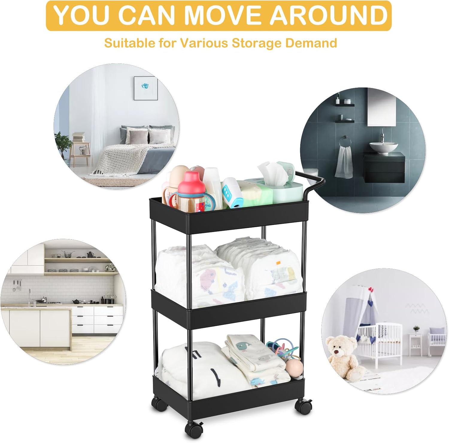 Volnamal Baby Diaper Caddy - Black Movable Cart for Nursery Essentials