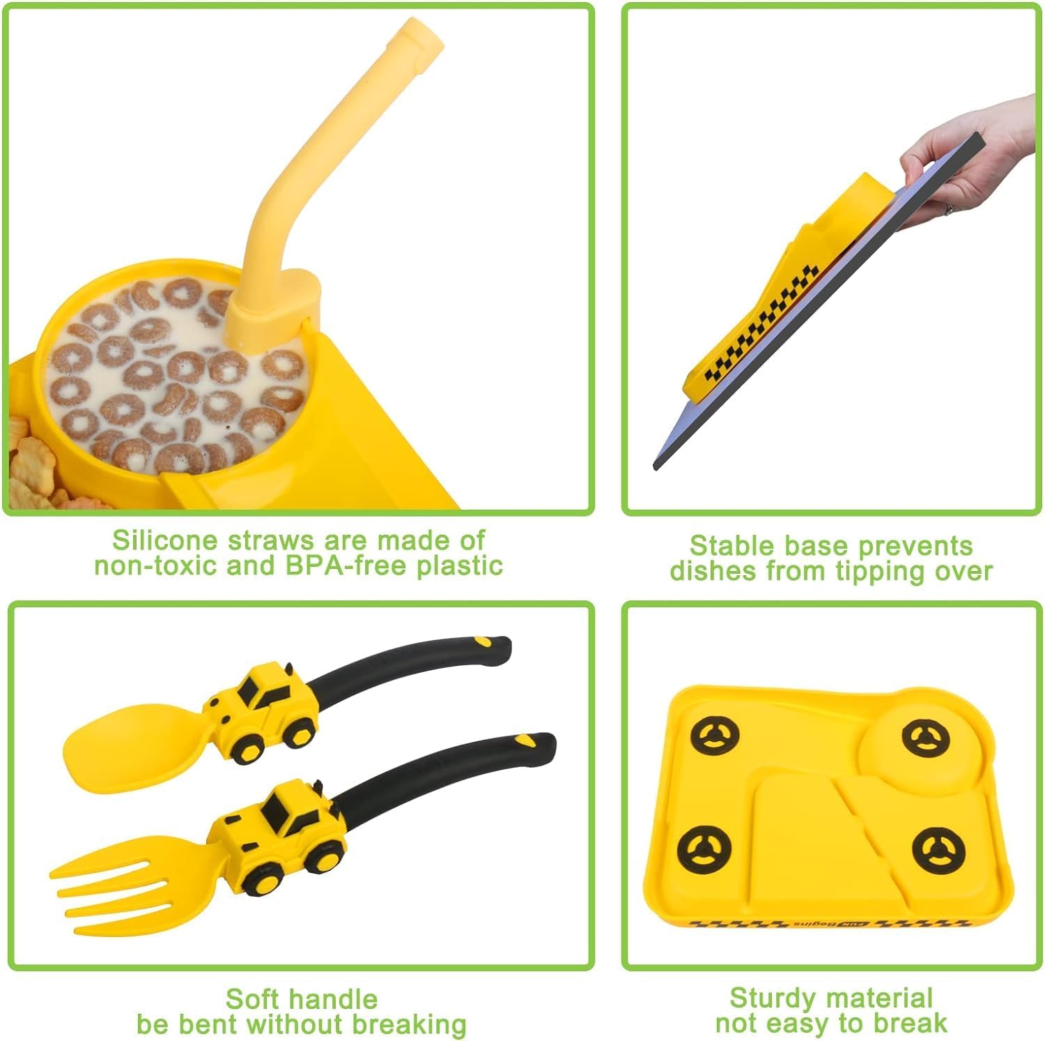 Toddler Plates Set with Removable Straw and Raised Rim