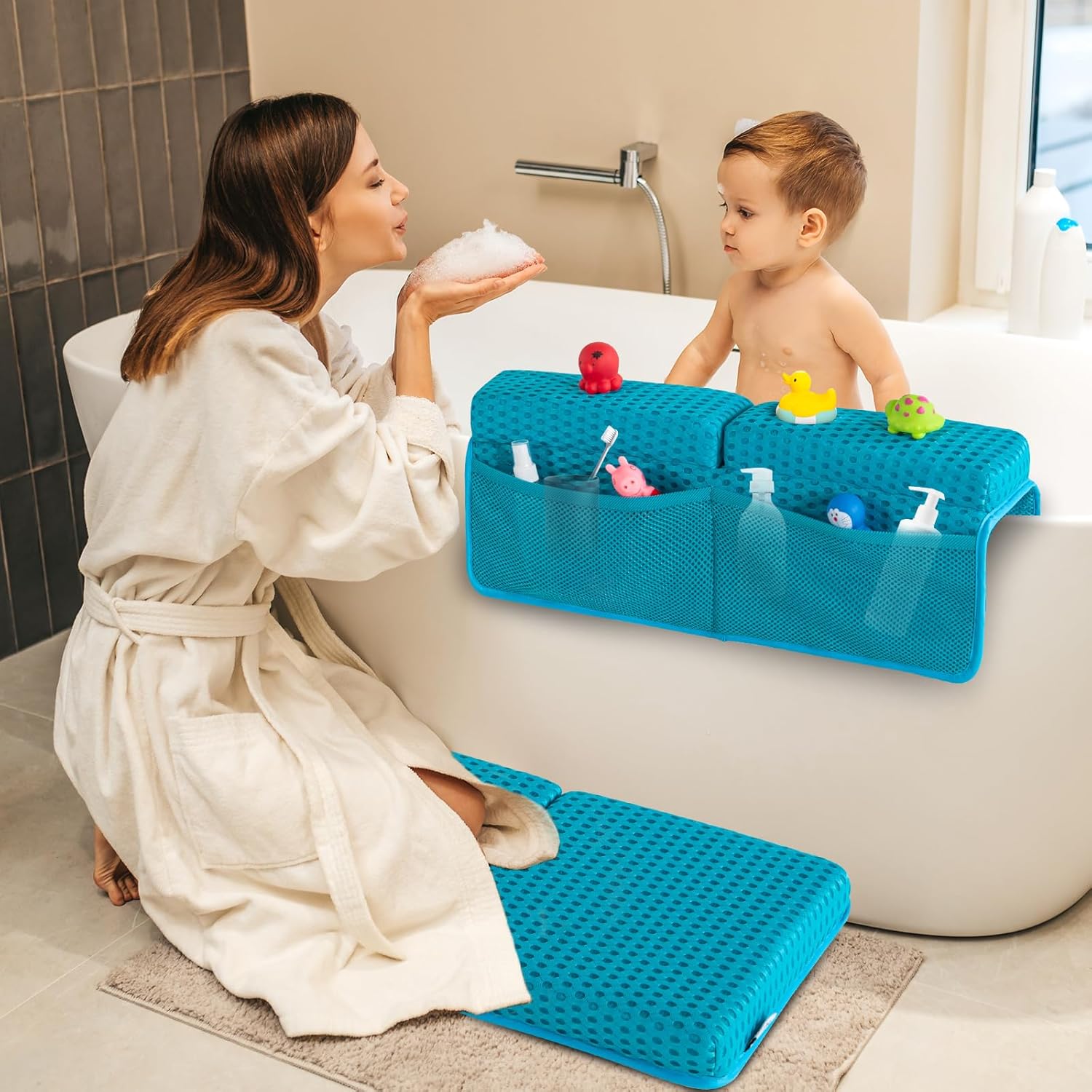 Baby Bath Kneeler Pad with Non-Slip Elbow Rest and Organizer