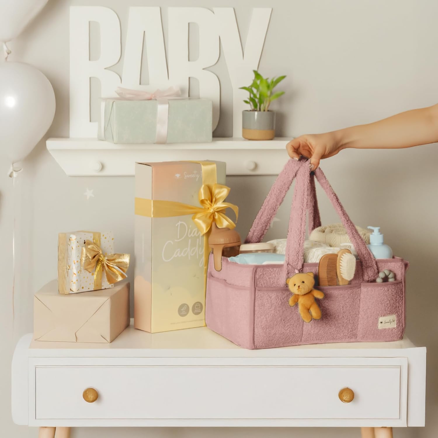 Sweety Fox Plush Sherpa Diaper Caddy Organizer with Handle - Pink