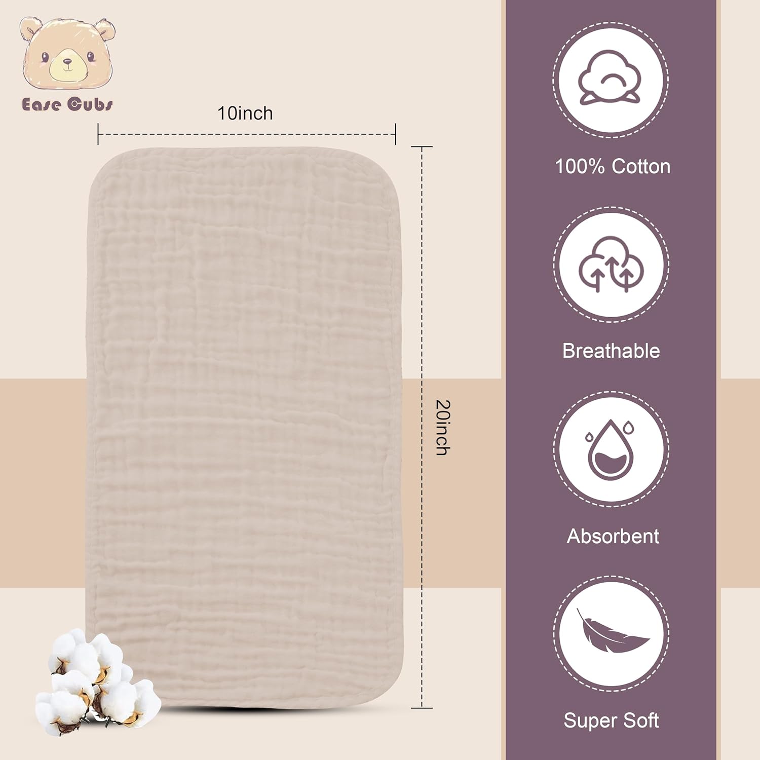Ease Cubs Muslin Burp Cloths 20x10 12-Pack Brown