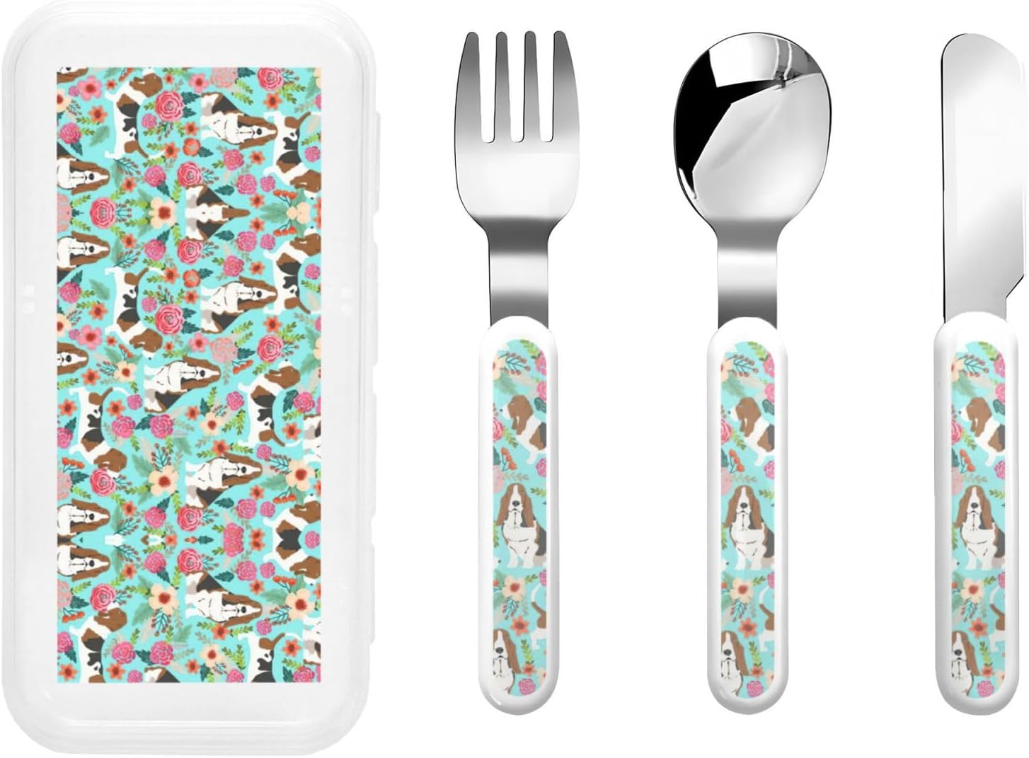 Sweet Basset Hound Florals Print Silverware Set with Travel Case