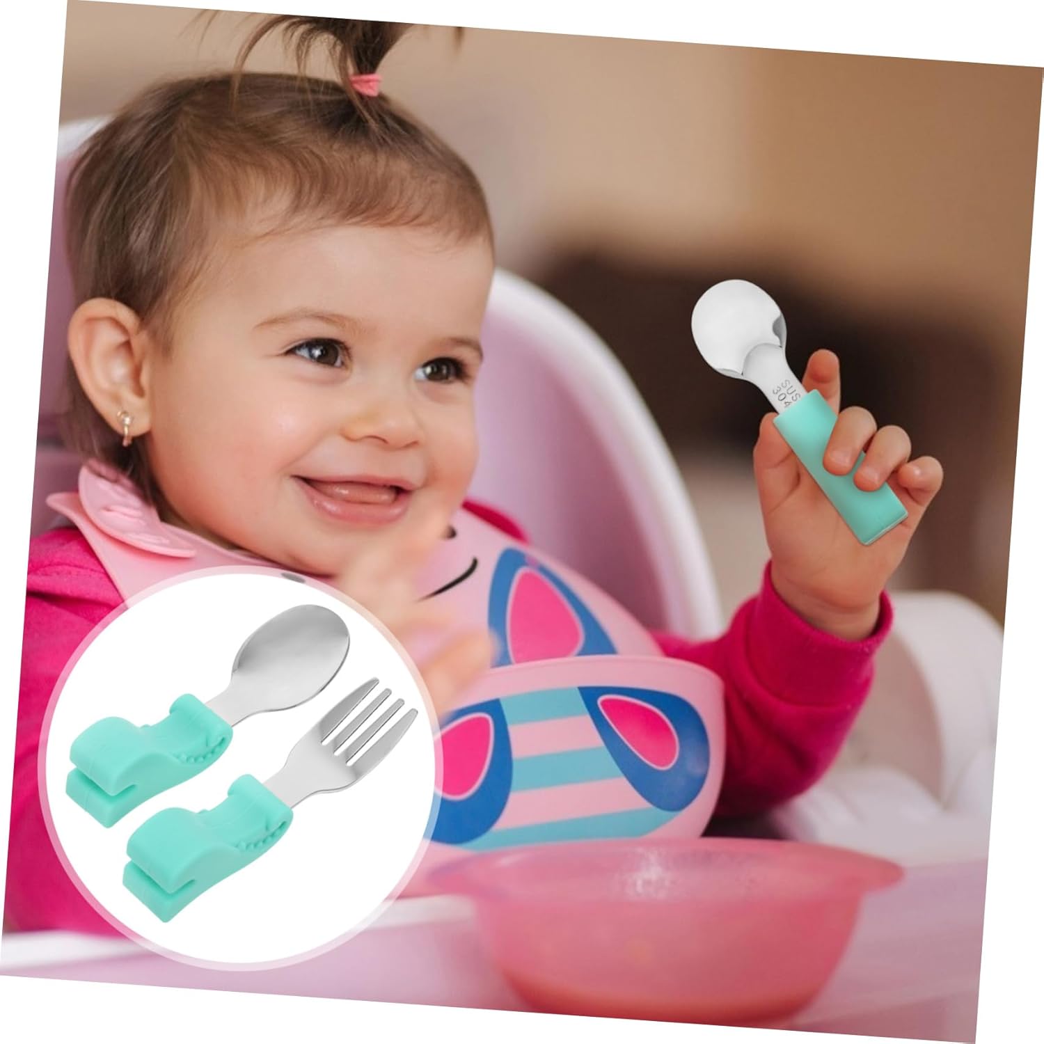 MERRYHAPY Stainless Steel Spoon and Fork Set for Baby Self Feeding
