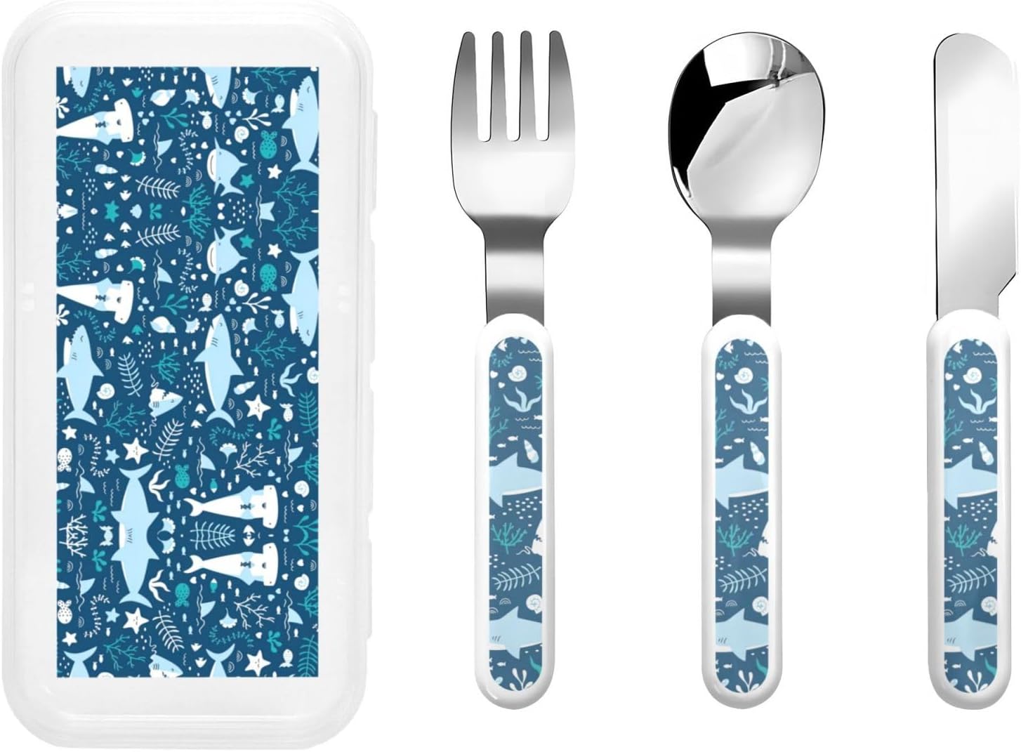 Cute Blue Fish Print Cutlery Set with Travel Case