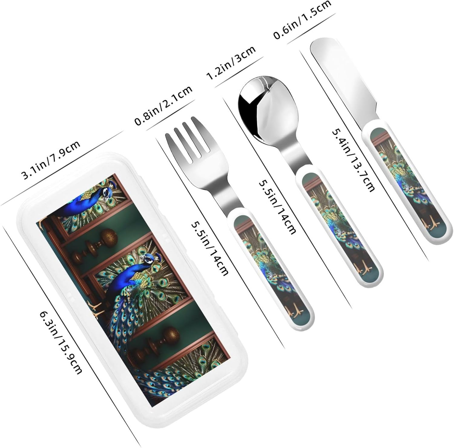 Beautiful Peacock Print Cutlery Set with Travel Case 1