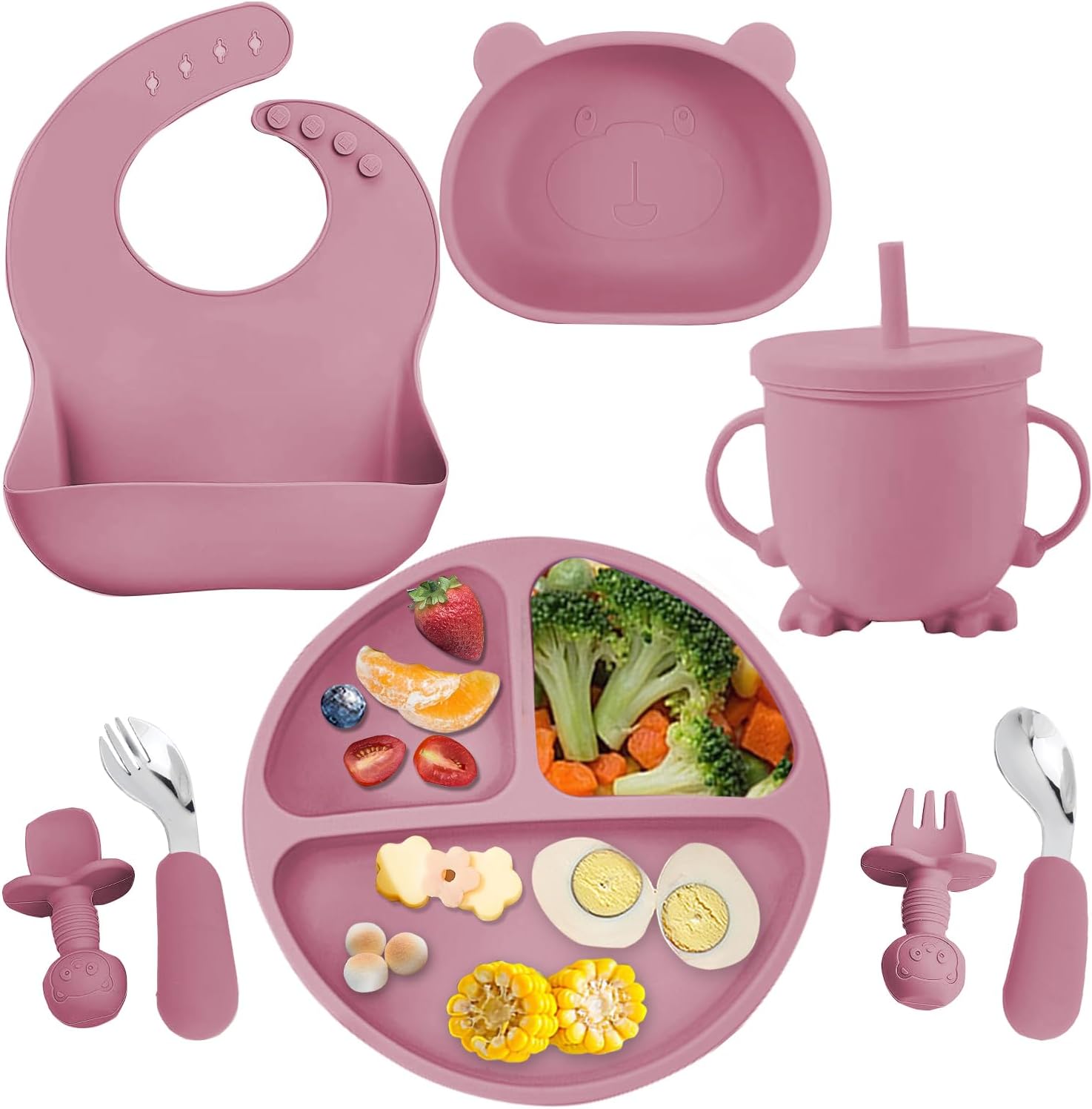 Mrkyy 8-Piece Silicone Baby Feeding Set for 6 Months Deep Pink