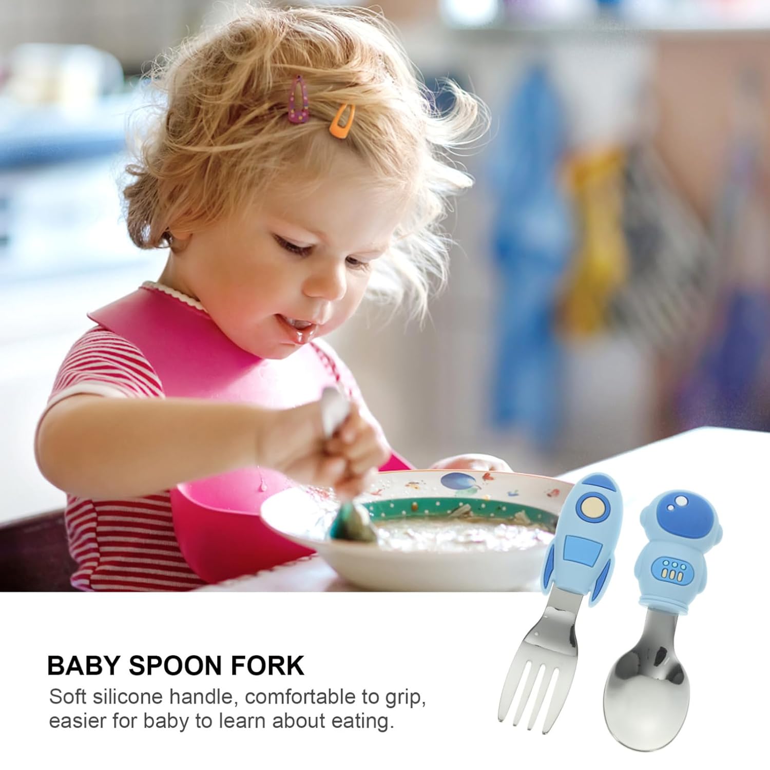 2PCS Silicone Handle Stainless Steel Utensil Set for Baby