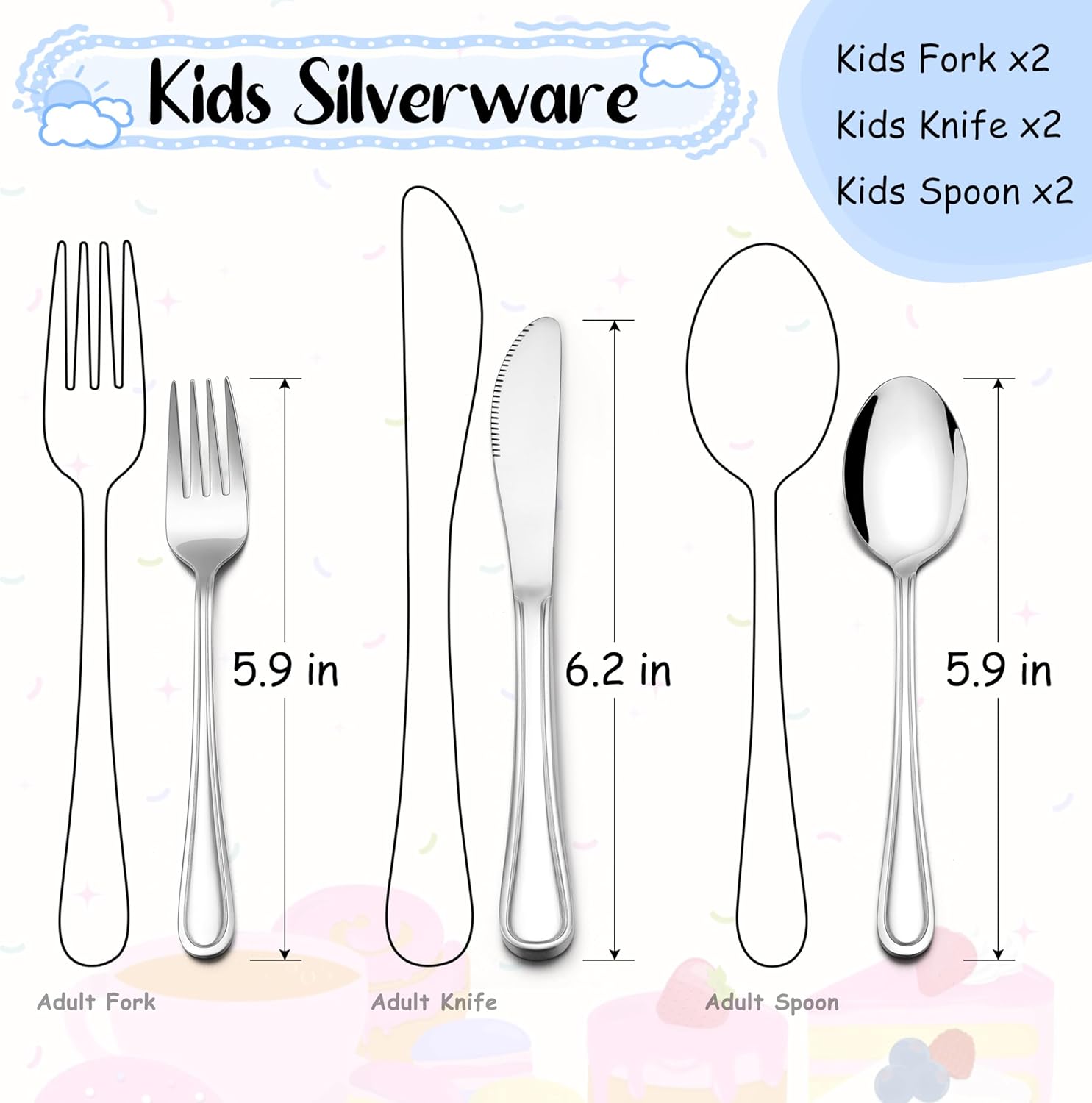 E-far 6-Piece Kids Silverware Set Stainless Steel Safe for Toddlers