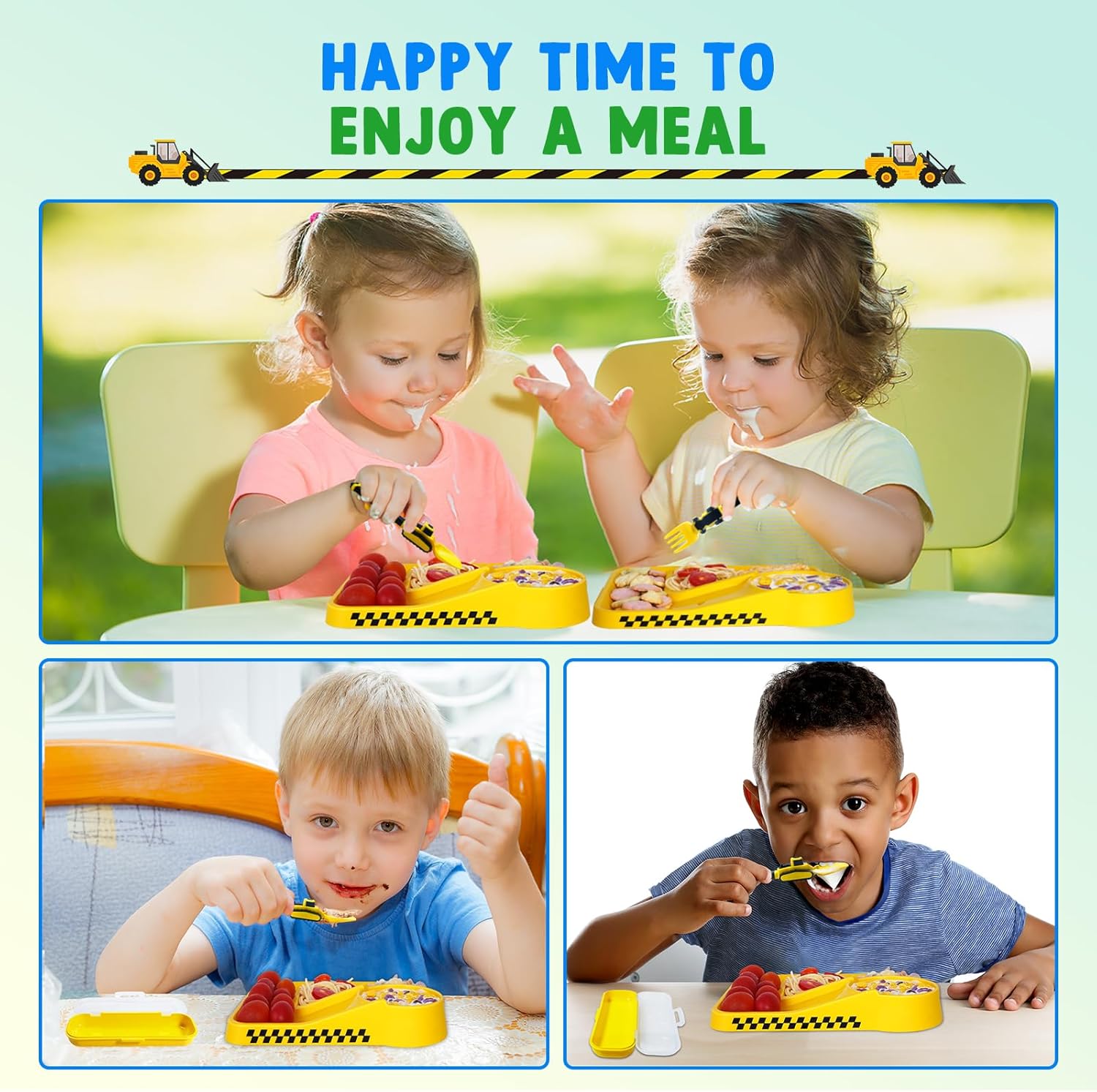 Toddler Plates Set with Removable Straw and Raised Rim