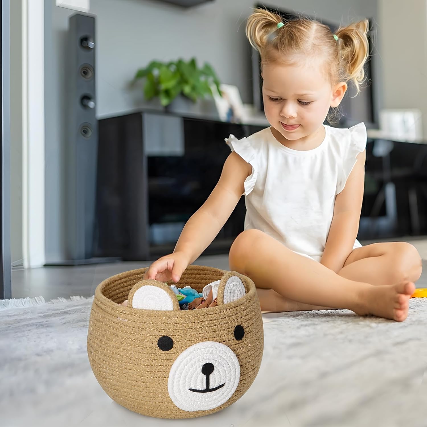 PandaEar Cotton Rope Baby Basket with Bear Design