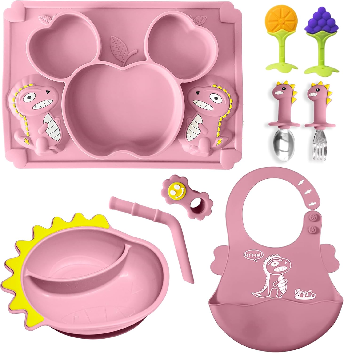 Dinosaur Silicone Baby Feeding Set - Princess Pink