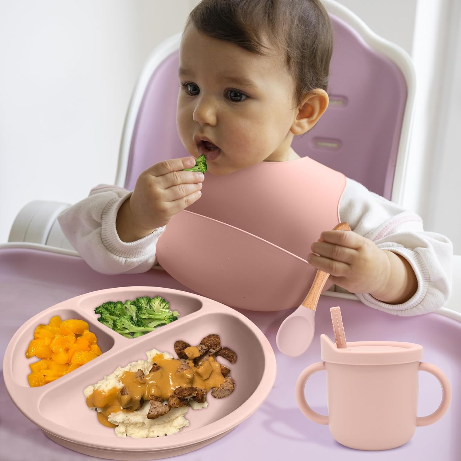 13PCS Baby Silicone Feeding Set with Suction Plate and Bib