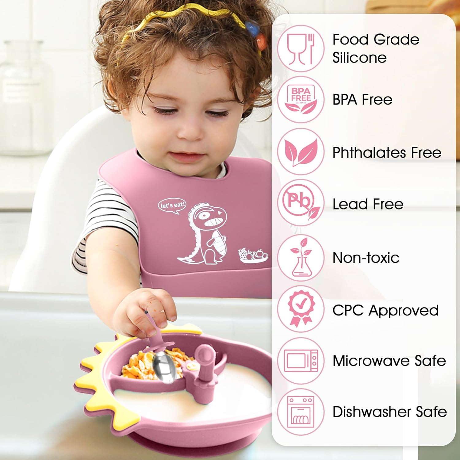 Dinosaur Silicone Baby Feeding Set - Princess Pink