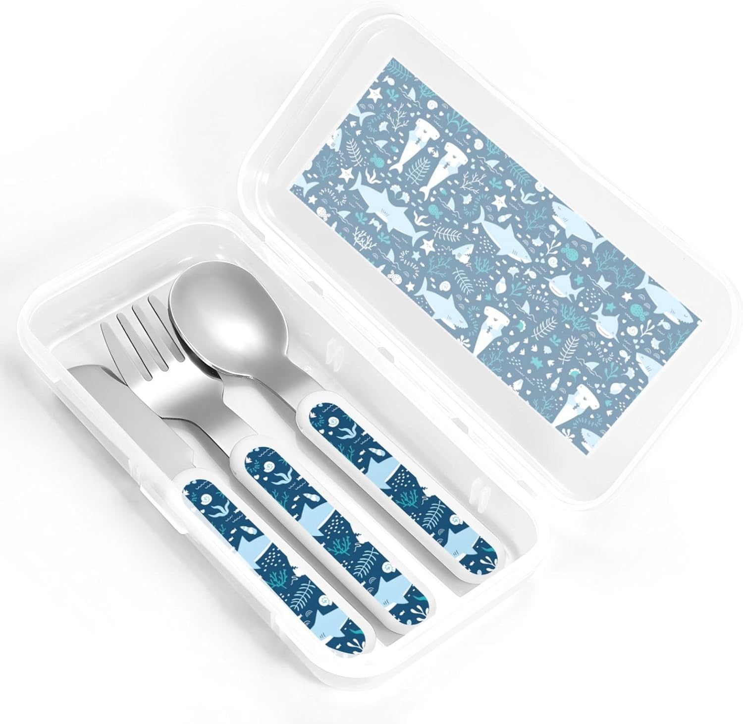 Cute Blue Fish Print Cutlery Set with Travel Case