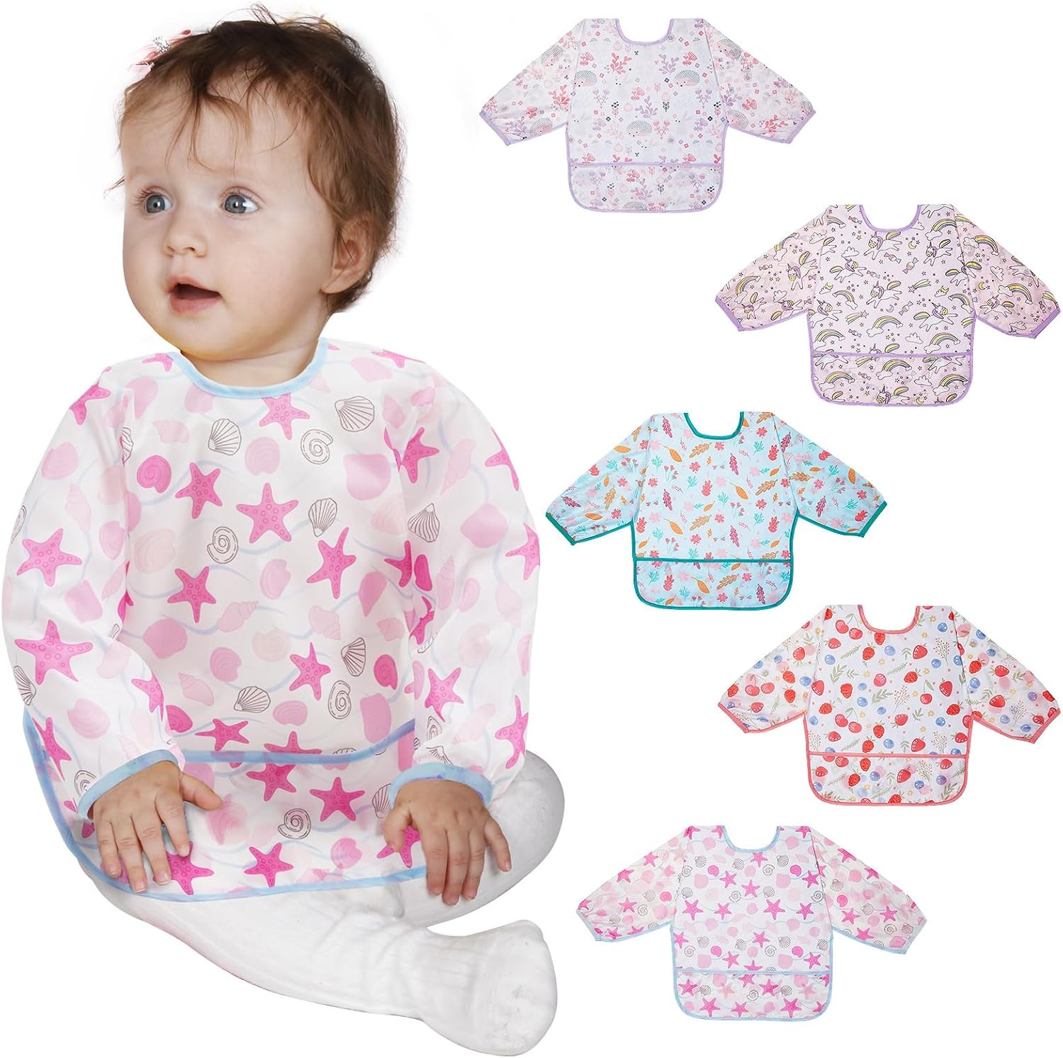 Lictin 5 Pack Long Sleeve Waterproof Baby Bibs 1