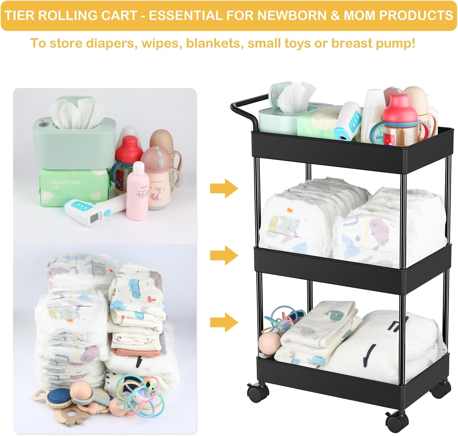 Volnamal Baby Diaper Caddy - Black Movable Cart for Nursery Essentials
