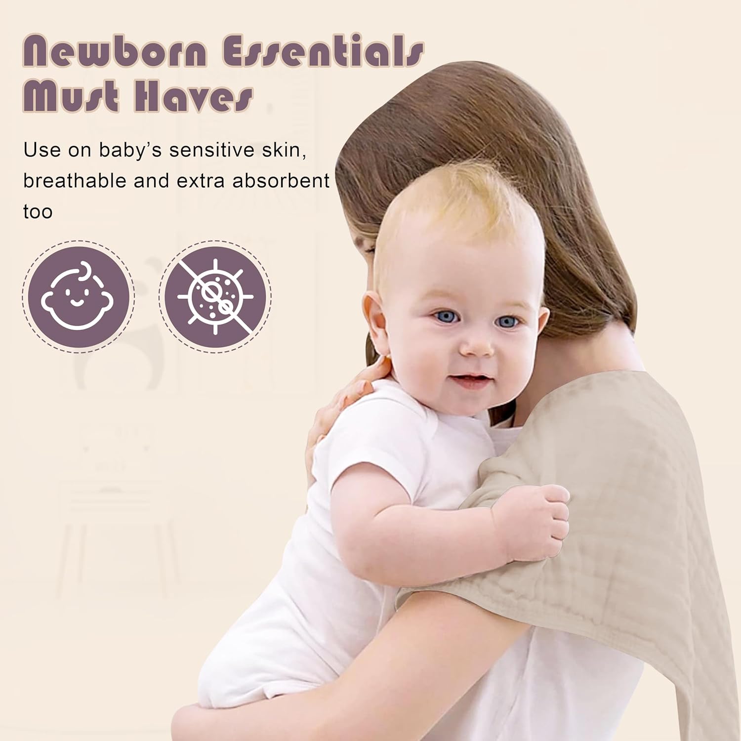 Ease Cubs Muslin Burp Cloths 20x10 12-Pack Brown